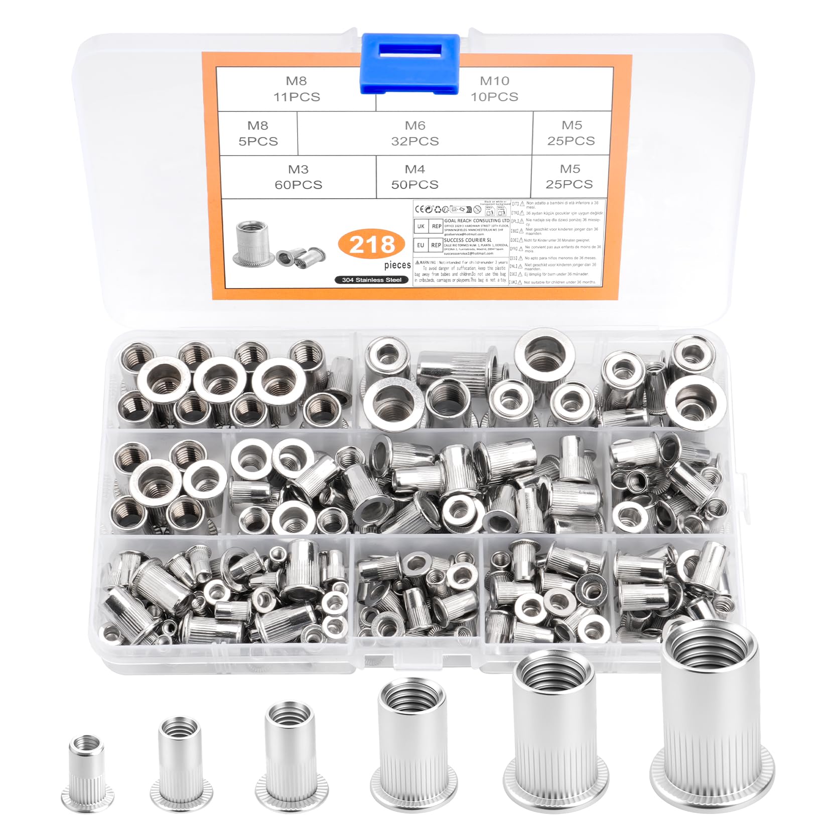 218pcs M3 M4 M5 M6 M8 M10 Rivet Nuts, Rivet Nuts, Blind Rivet Nuts, Threaded Nuts, Stainless Steel Thread Nuts, Flat Head Nuts, Threaded Ferrules, Nuts