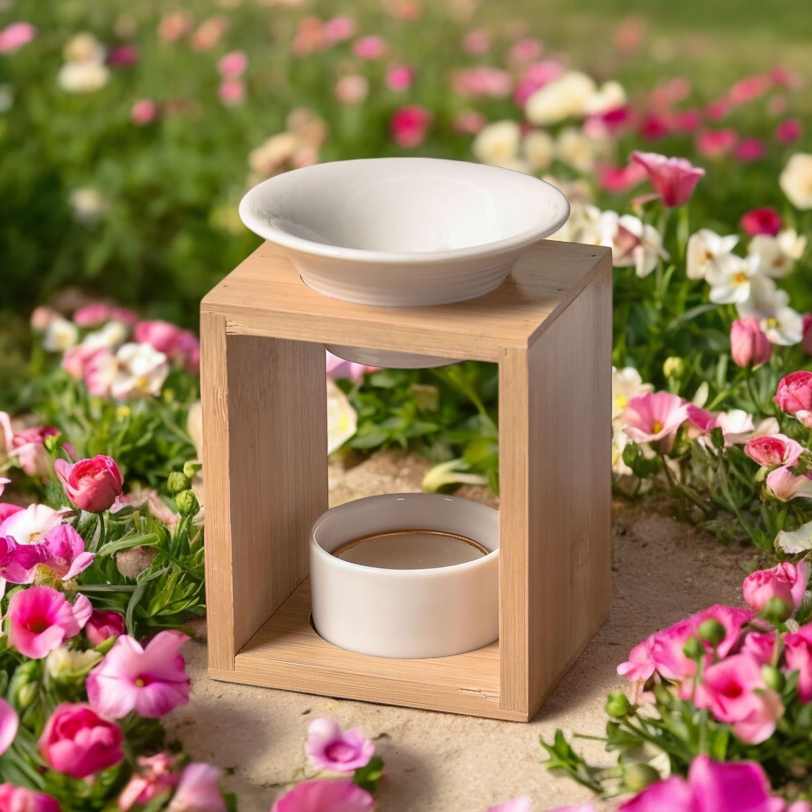 Brûle Perfumy Arina - Zapachowy palnik kremówki woskowej - Dyfuzor olejków eterycznych i zapachów atmosfery - świecznik do aromaterapii z drewna i ceramiki dekoracyjnej - wysokość: 12 cm - Zen'Arôme