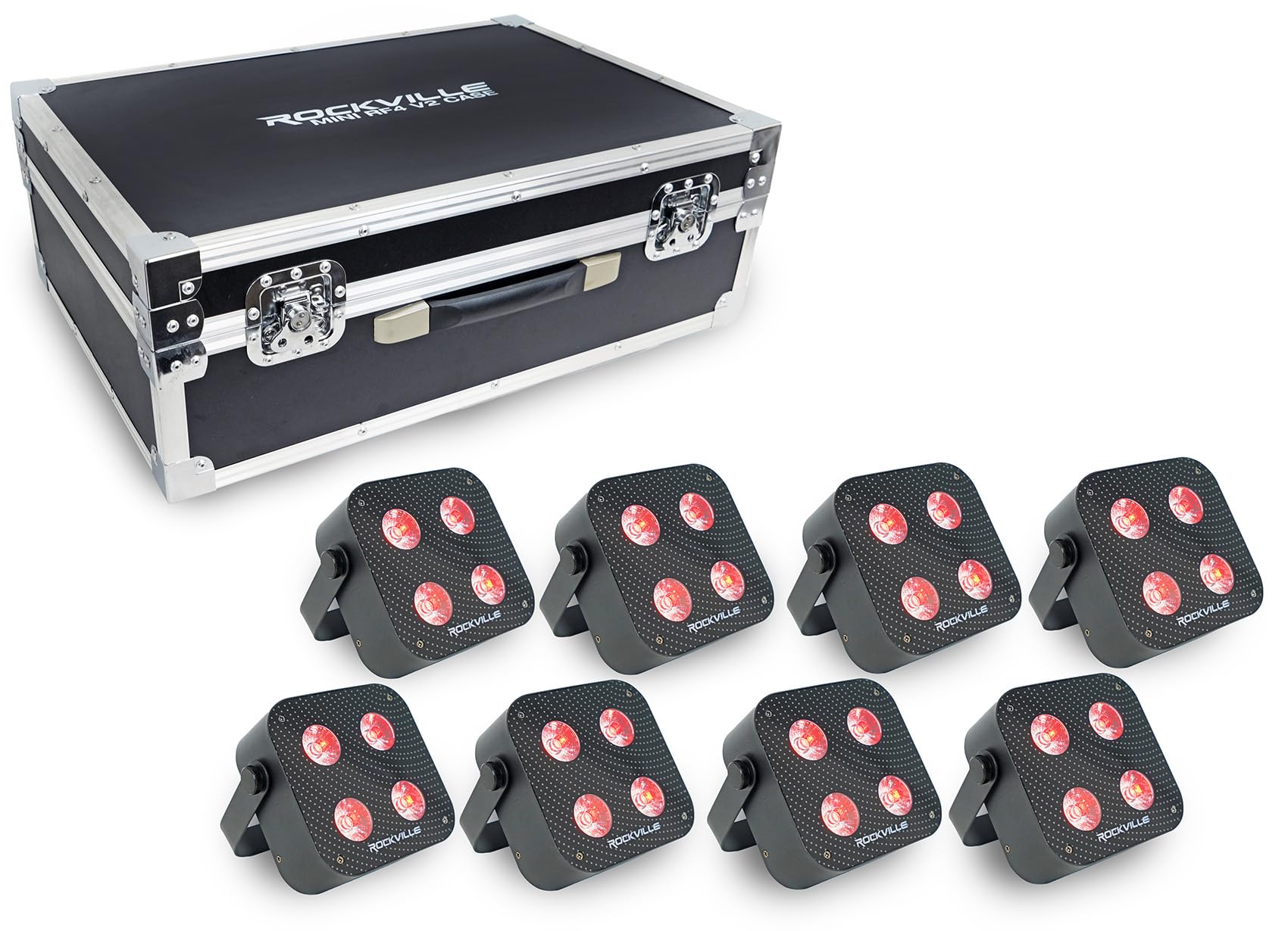 Rockville 8 Pack MINI RF4 V2 Black LED Par Wash Up Lights with Charging Case, RGBWA+UV, App, Wireless DMX, Rechargeable, Perfect for DJ/Events