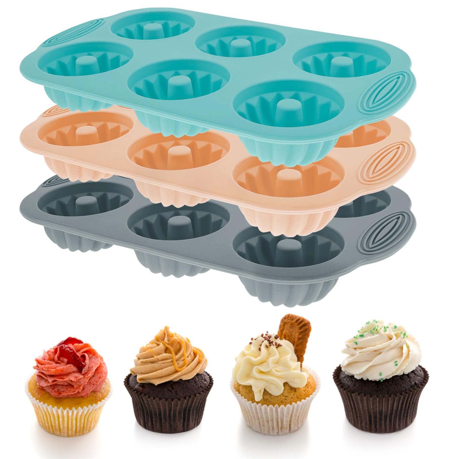 NIHUIFDPY 3Pcs Mini Ring Cake Tin 6 Cavity Silicone Baking Cake Mould Nonstick Fluted Round Cake Pan Heat Resistant Food Grade Cupcake Mold for Baking Cupcakes Muffins