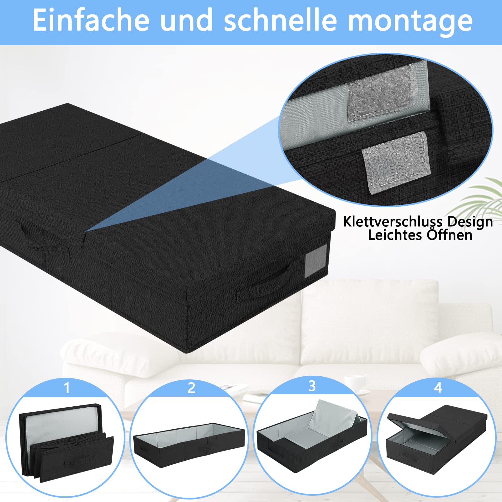 JUPELI Lot de 2 boîtes de rangement pliables noires - 15 cm de haut - Sous le lit - Avec couvercle et poignée - Pour couvertures, vêtements, couettes, jouets
