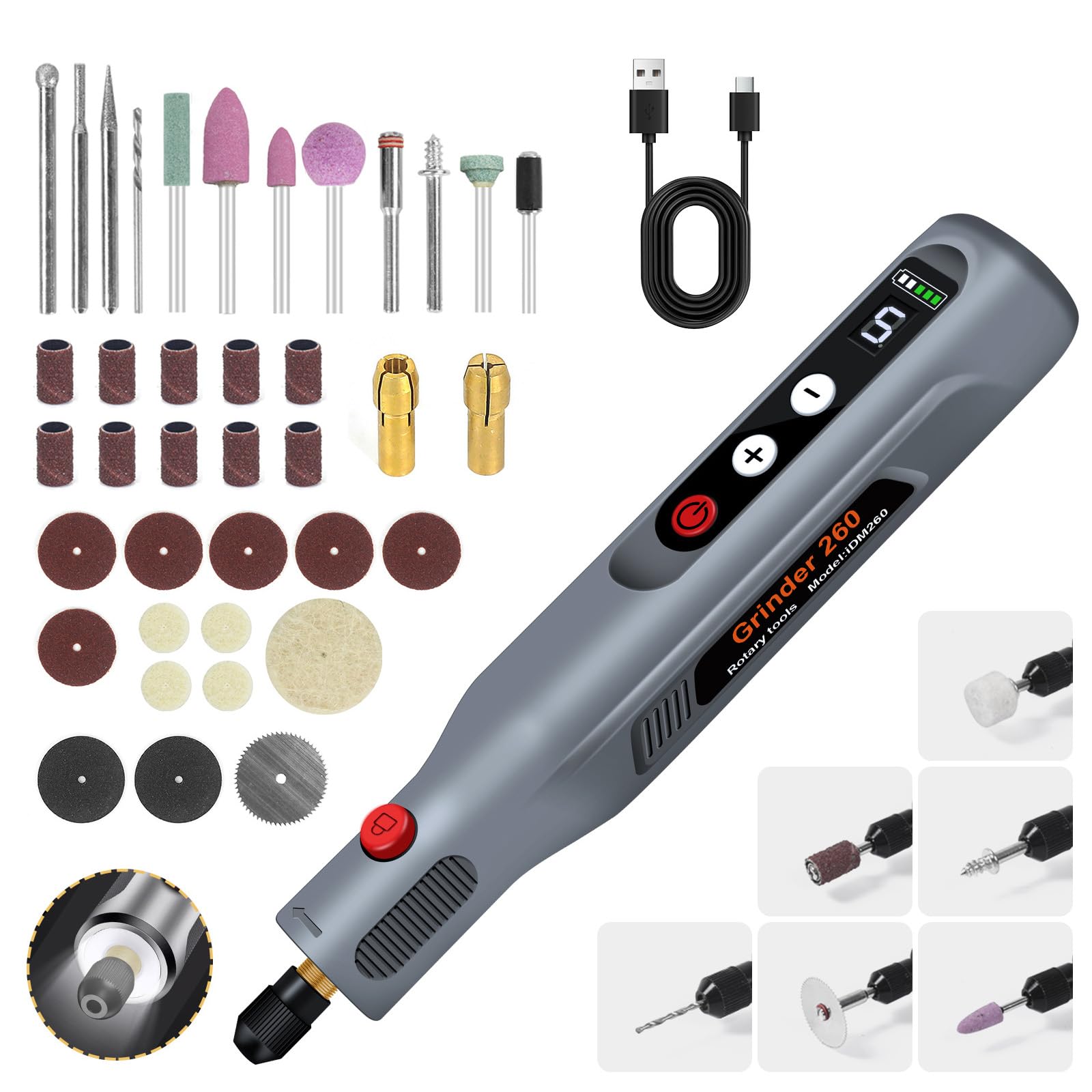 HASTHIP® Mini Cordless Rotary Tool Kit with 39 Accessories, USB Cordless Drill Machine, 2000mAh, 5-Speed, 5000-18000RPM, 3.7V Power Rotary Tool for Sanding, Polishing, Drilling, Etching, Engraving-image-18