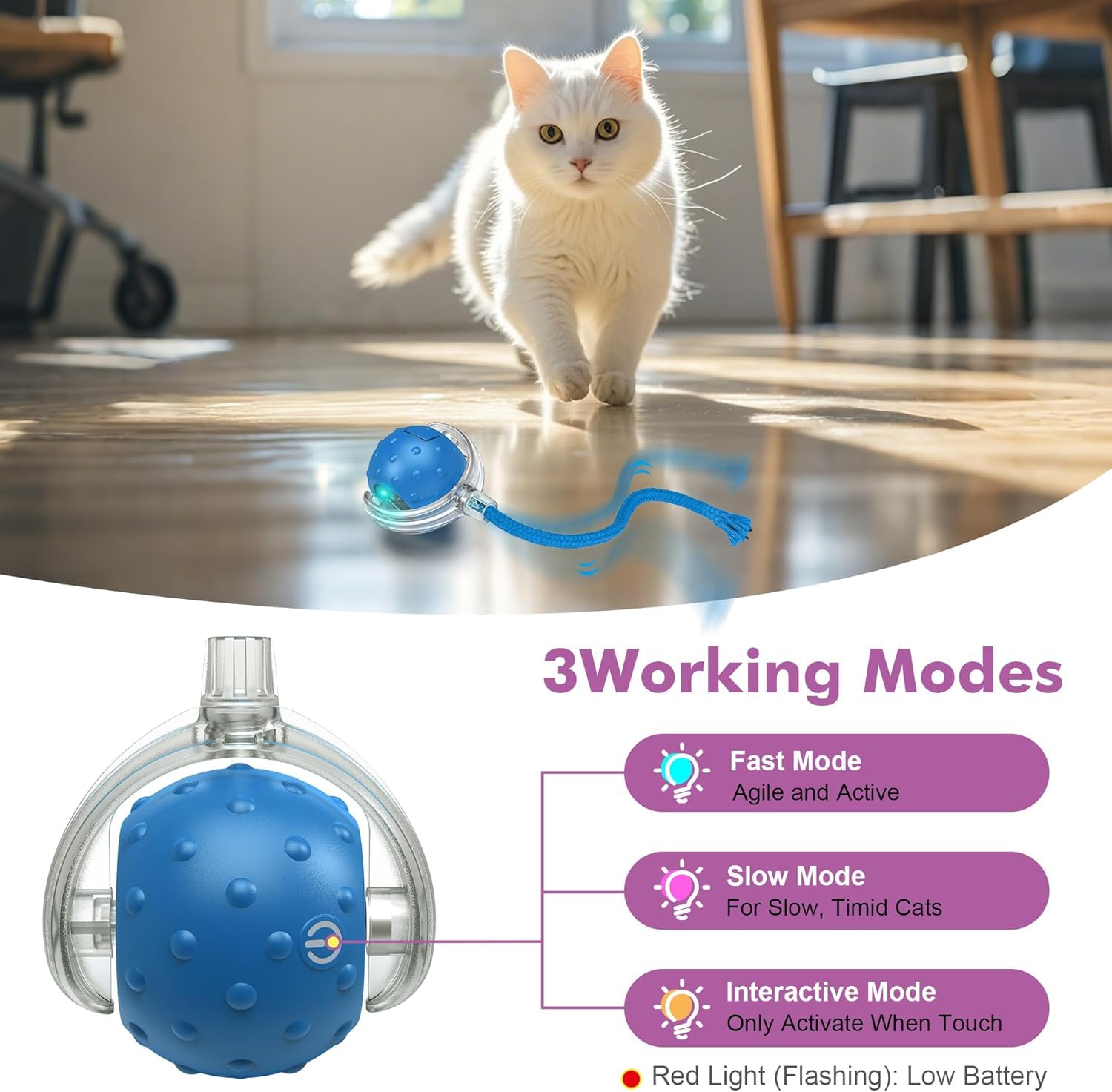Katzenspielzeug Selbstbeschäftigung Ball, Interaktives Katzenspielzeug Elektrisch mit Schwanz & Vogelgeräusch, Automatischer Katzenspielzeug Ball für Katzen, USB Wiederaufladbares (Blau)
