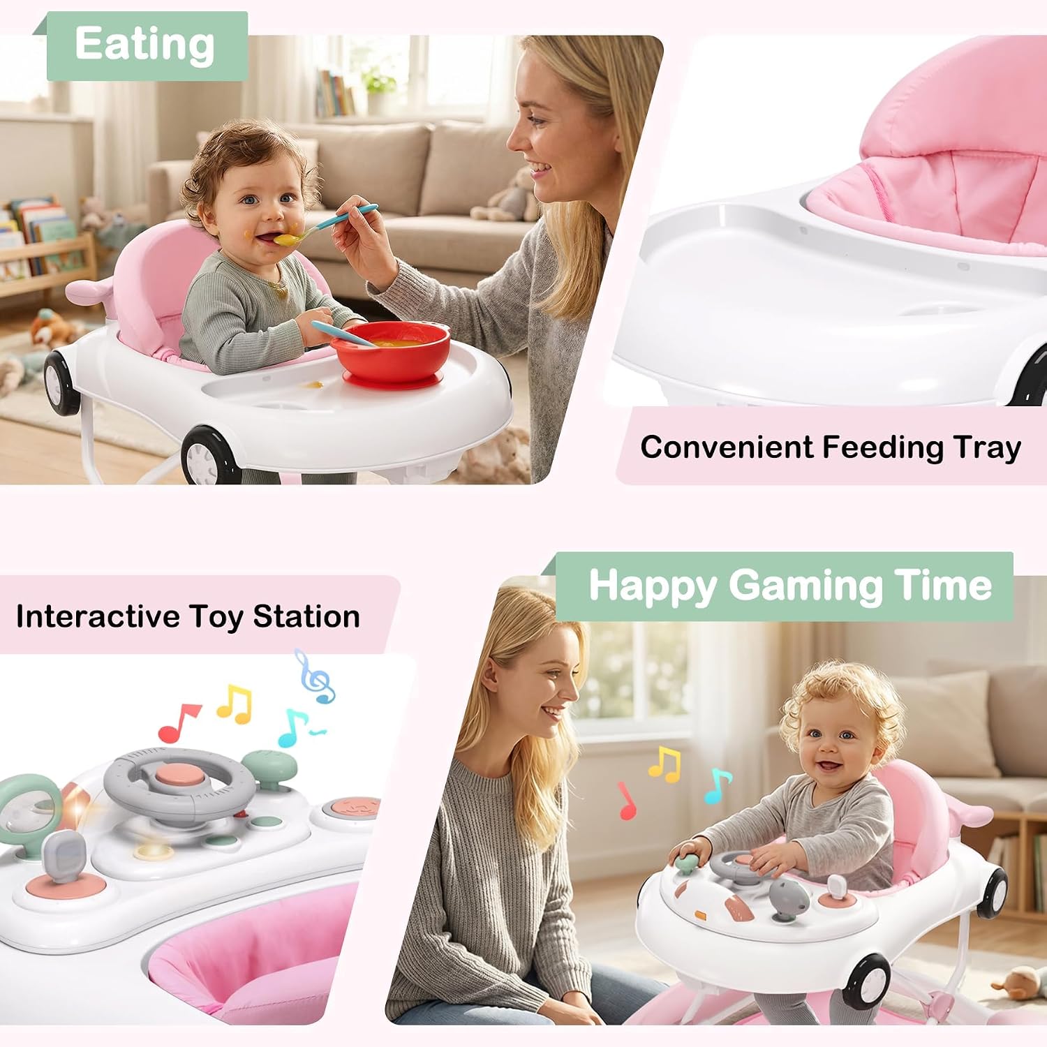 5-in-1 Convertible Baby Walker with Steering Wheel Music Activity Center – Infant Rocker, Jumper, Push Walker, Bouncer & Feeding Foldable Walker for Ages 6-18 Months Boys Girls (Pink)