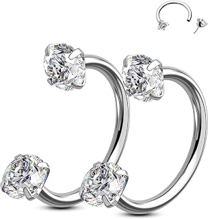 2PCS 316L Surgical Steel Horseshoe Nose Rings Hoops, 20G Push Pin Threadless Nose Rings For Women Men, Double Crystal Horseshoe Septum Lip Eyebrow Helix Daith Ear Piercing Jewelry-7mm and 8mm