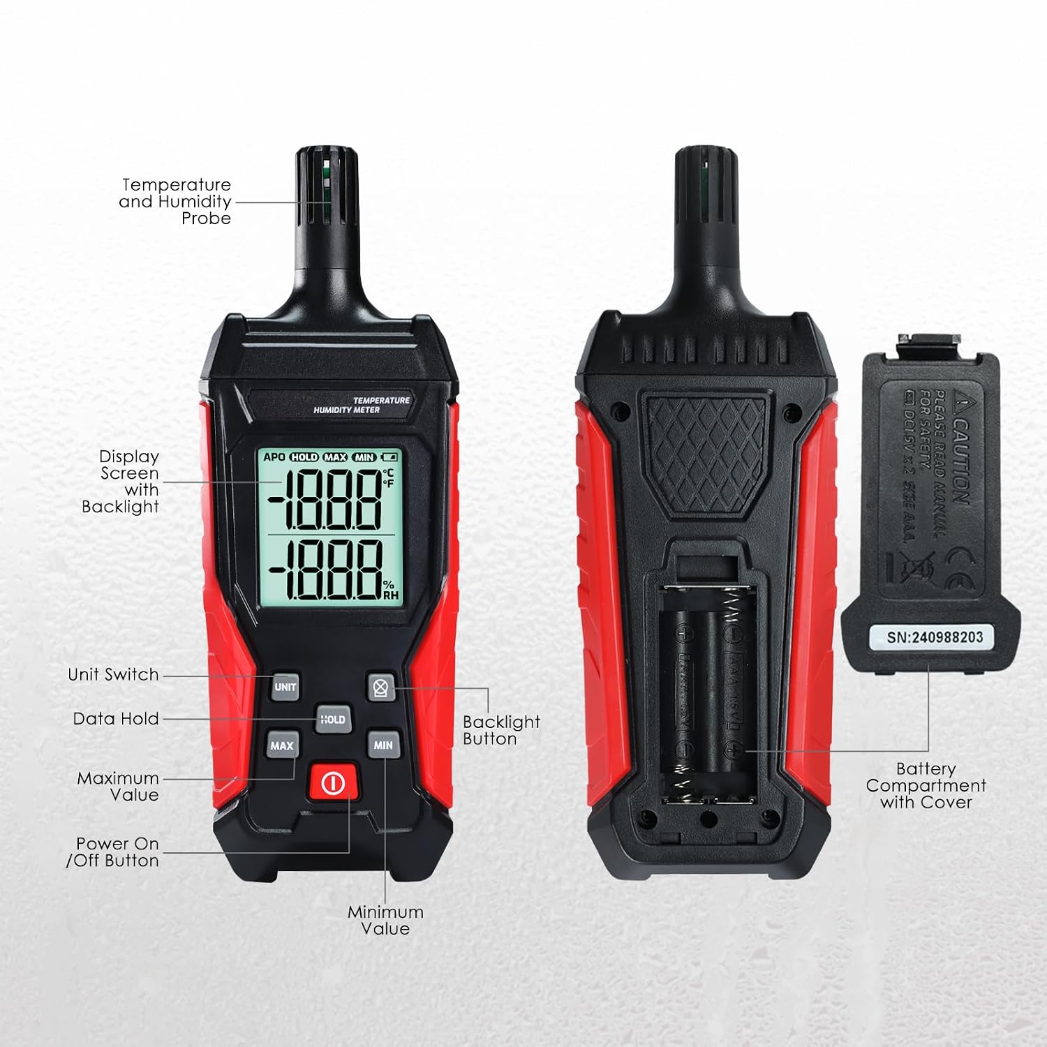 Humidity Temperature Meter, High Precision Digital Psychrometer HVAC with Ambient Temperature Handheld Hygrometer Moisture Meter w/Data Hold, Min/Max, 4 Digits Display Backlit for Outdoor Indoor Use