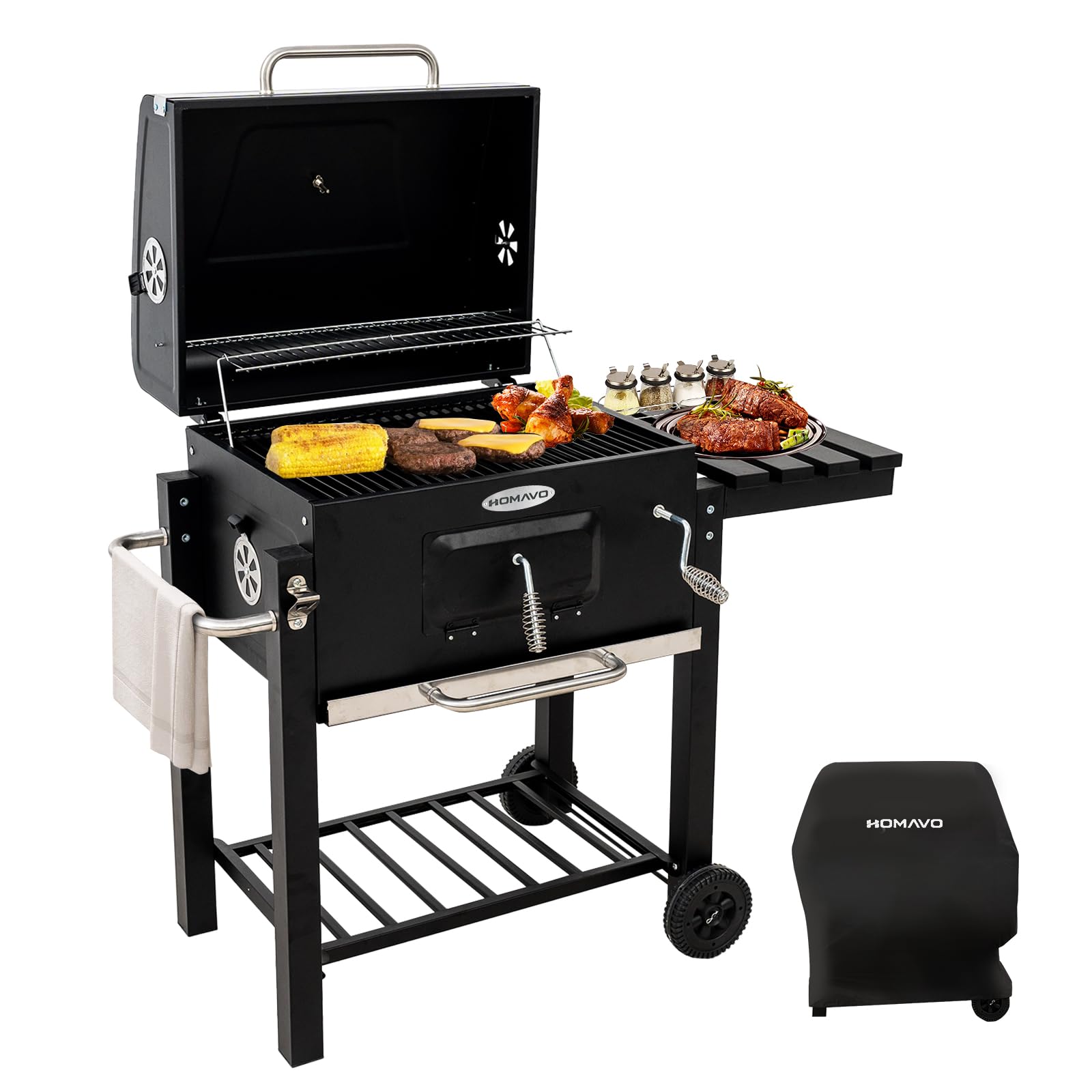 Barbecue Charbon de Bois, Barbecue à Charbon, Gril avec Couvercle, Surface de Cuisson 56×42,5 cm, Bac à Charbon Réglable, Table Latérale Pliante et Housse de Protection Incluse