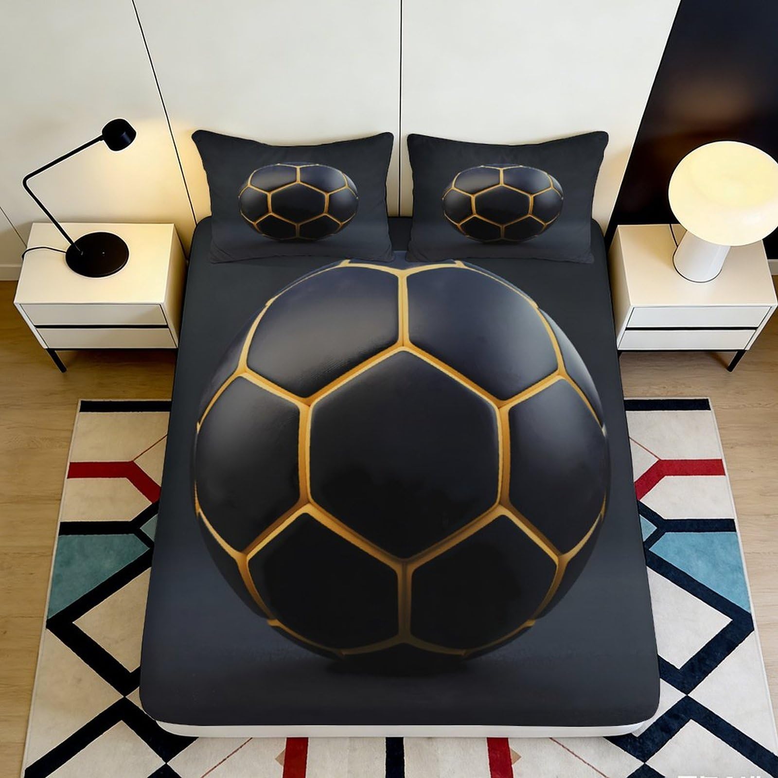 3D Printed Black Gold Soccer Ball Fitted Sheet Microfiber Non-Slip Mattress Cover Bedroom Decor Machine Washable 120x200x25cm