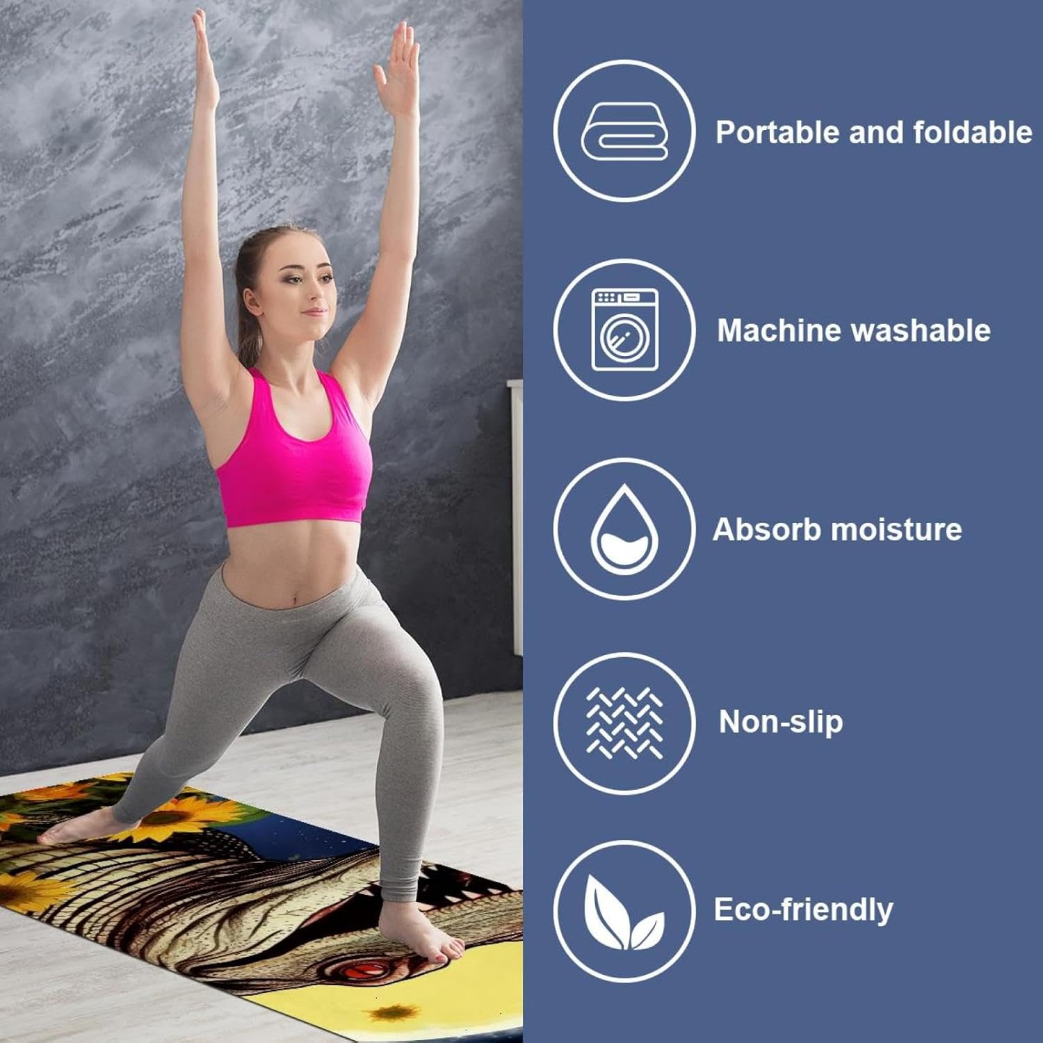 Yoga Towel, Crocodile Star Sunflower Non Slip Sweat Absorbent Hot Yoga Mat Towel for Hot Yoga, Pilates and Fitness - 72.8" x 26.8"