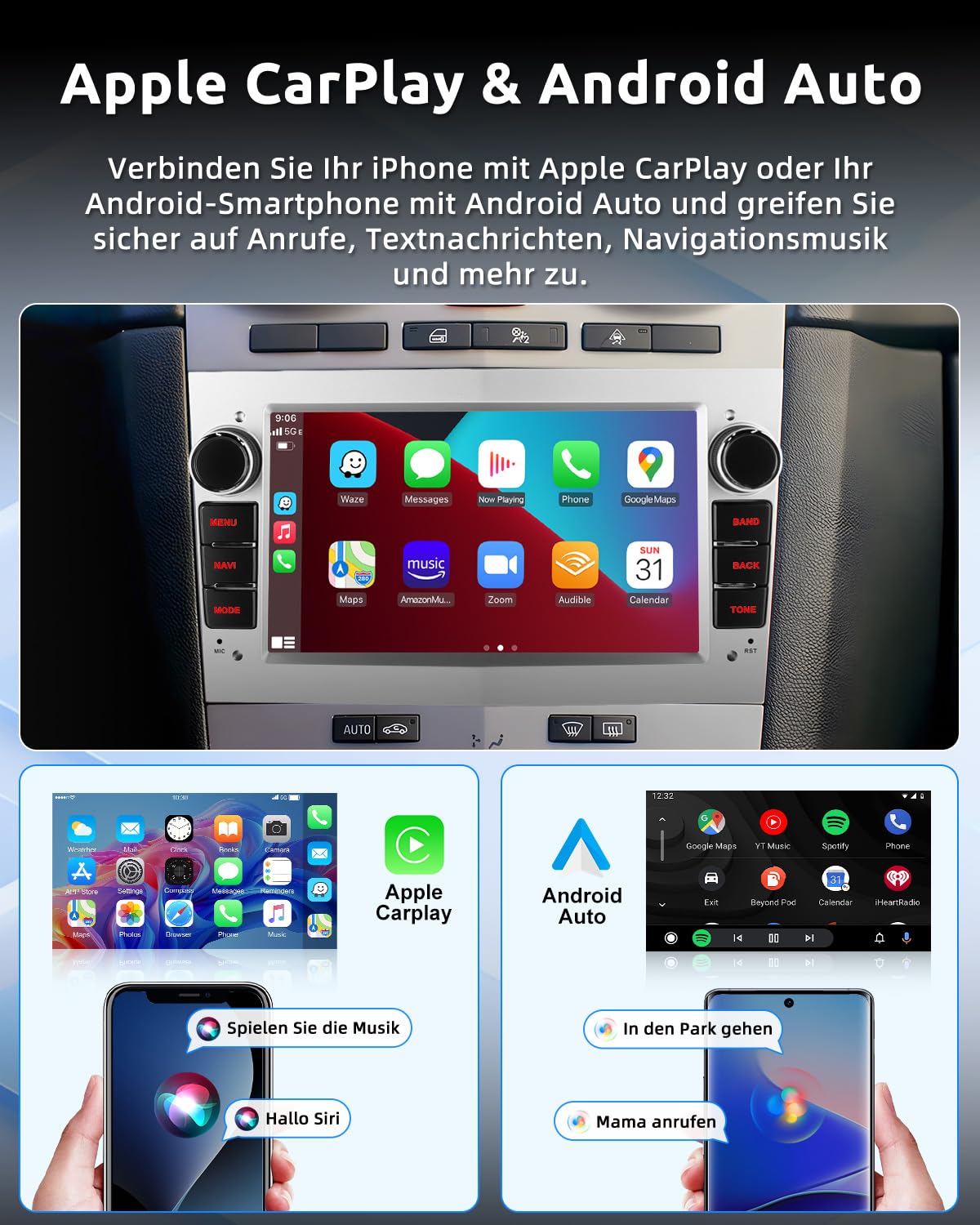 ESSGOO 4+64G Wireless Autoradio Android 15 mit Carplay und Android Auto Für Opel Astra H Corsa C/D Vectra C Zafira 7 Zoll IPS Touchscreen Bluetooth FM RDS GPS Silber Mikrofon