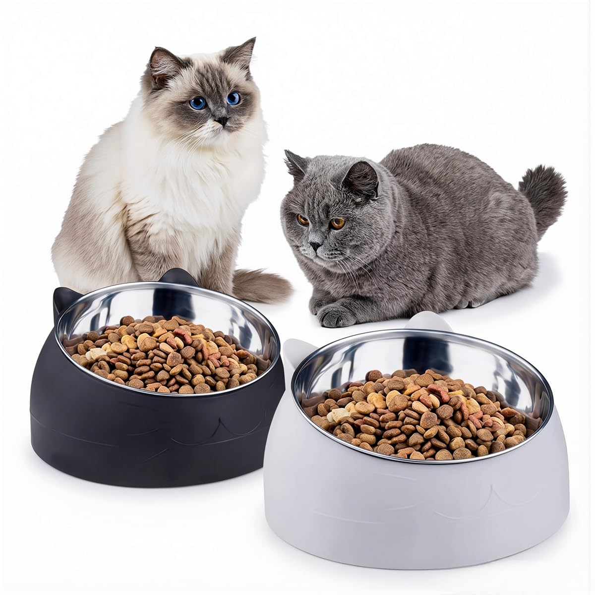 2 Piezas Cuencos para Gatos de Acero Inoxidable, Cuencos para Comida y Agua para Gatos Base Antideslizante 400ML Elevado Inclinado 15°Comederos para Cachorros y Animales Pequeños