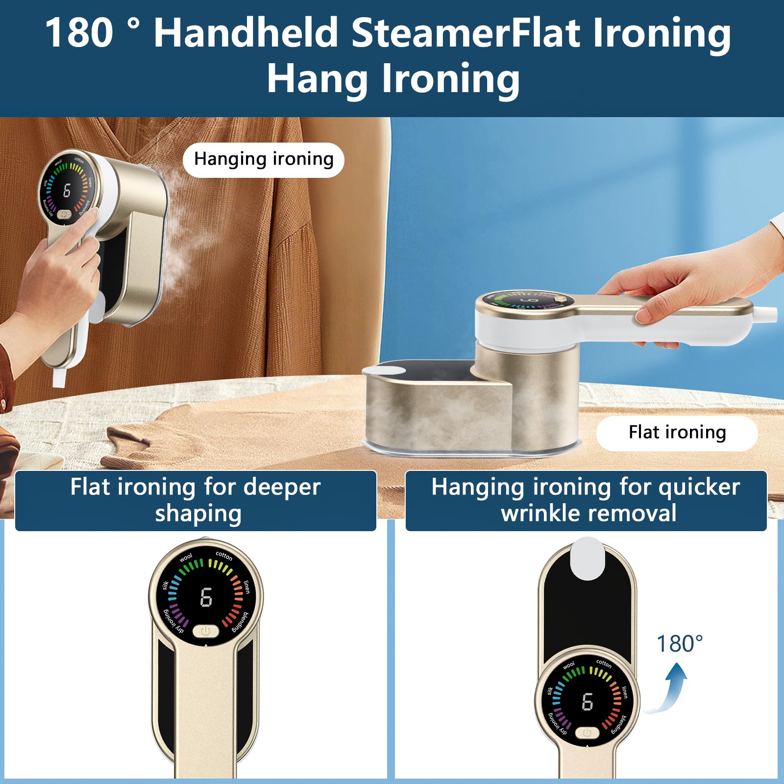 PKBD Ferro da Stiro 2 In 1 Portatile da Viaggio Stiratore Verticale Portatile 6 Modalità Intelligenti, Riscaldamento Rapido In 9s - 1200w Stiratrice Elettrica con Borsa Custodia (Oro-Bianco)