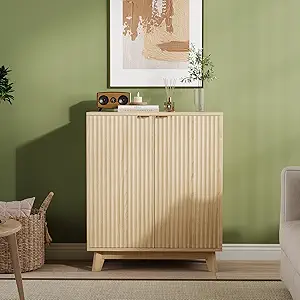 Sideboard Buffet Cabinet with Storage, Modern Fluted Accent Credenza with Doors & Adjustable Shelves, 31.5" Wood Coffee Bar Console Table for Living Room, Dining Room, Kitchen, Entryway, Natural Oak