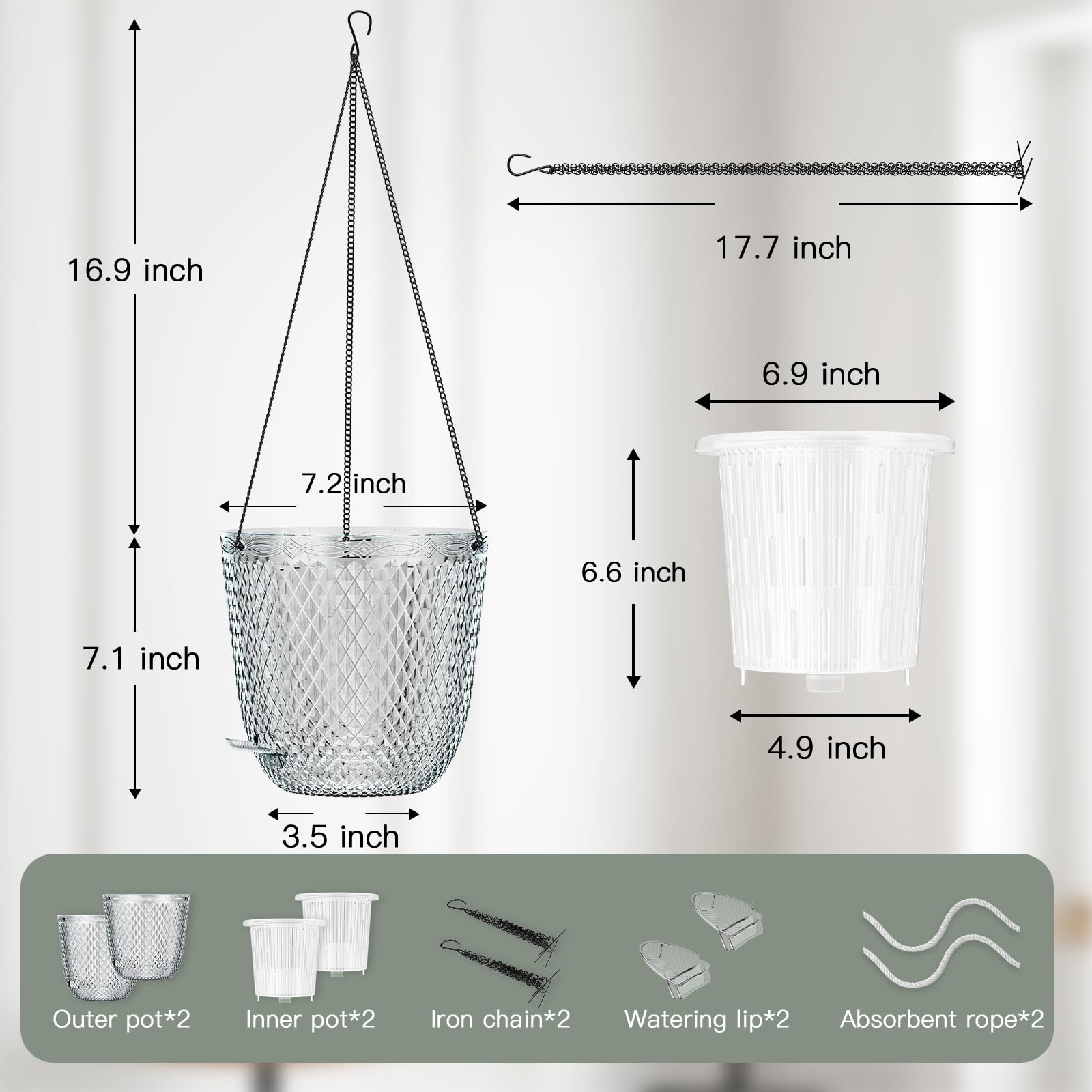 QCQHDU Lot de 2 pots de fleurs suspendus à arrosage automatique de 18 cm pour plantes d'intérieur avec trous de drainage et 3 chaînes de crochets pour jardin et maison (transparent)