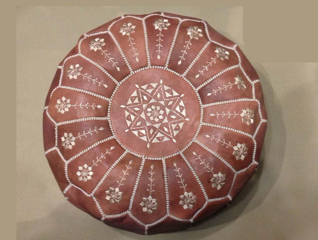 Moroccan pouf light brown ottoman upholstered in leather with high embroidery in Tan and white, handmade