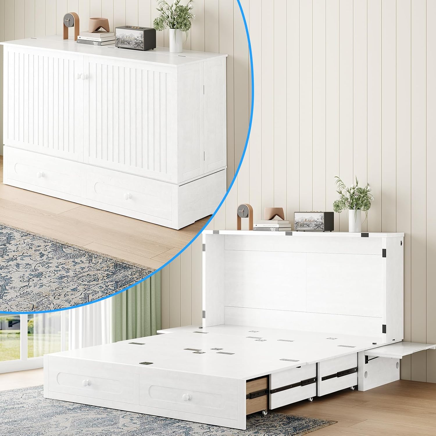 PUREMIND Queen Murphy Bed Cabinet – Solid Wood – Hideaway Chest Bed Frame with Storage Drawers, USB Charging Ports – Space Saving Wallbed for Bedroom, Guest Room, No Mattress Included (White)