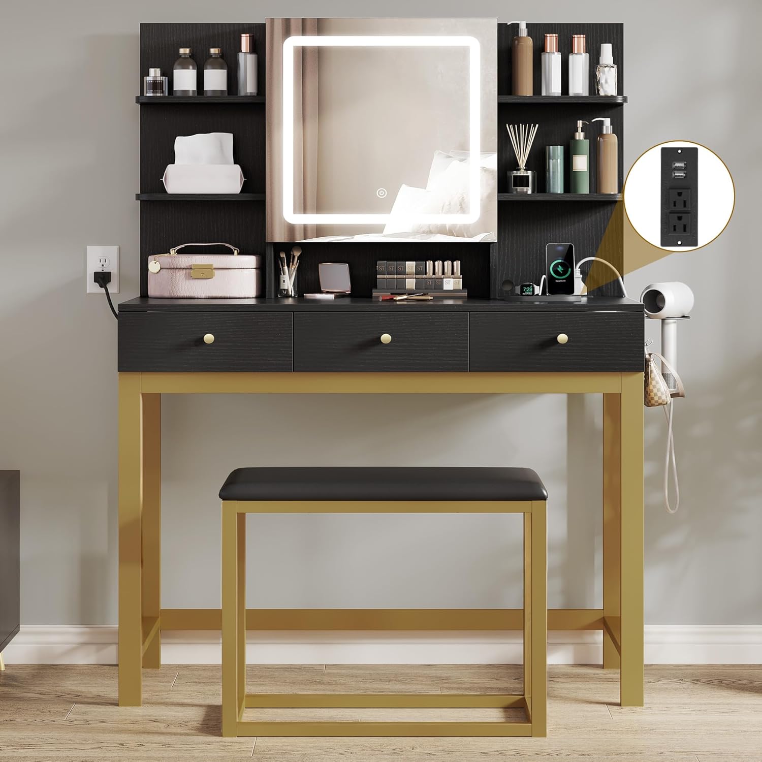 YITAHOME Vanity Desk with Mirror and Lights, Power Outlet, Makeup Vanity Table Set with 3 Storage Drawers, Chair and 6 Open Shelves, Lights 3 Colors, Bedroom, Black