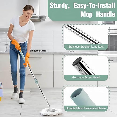 Miniatura 7 de Mango de repuesto para trapeador giratorio, trapeador de limpieza ajustable giratorio de 360, 2 varillas telescópicas de bloqueo reforzado + 3