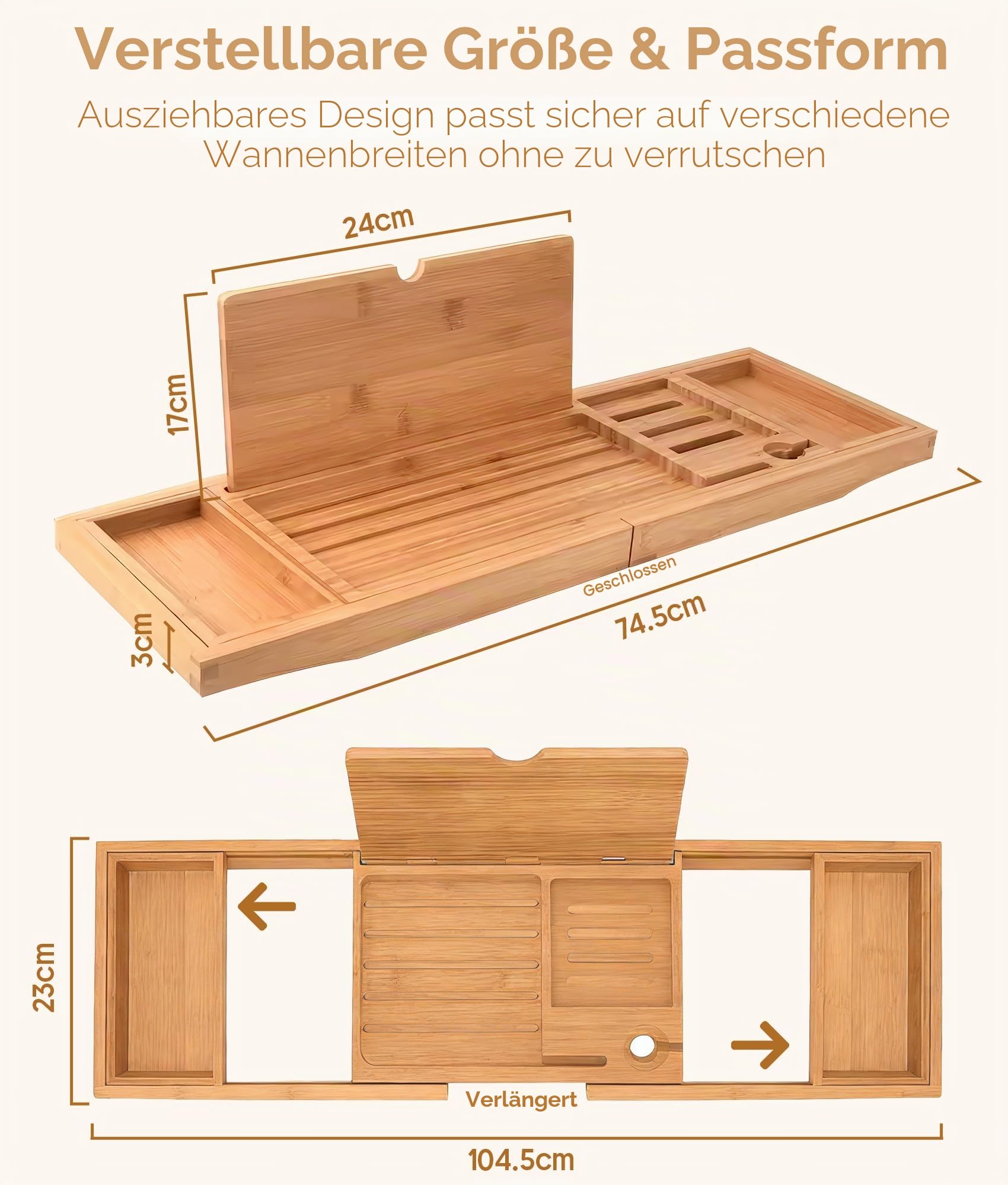 ADOV Badewannenablage, Erweiterbar Luxus Spa Bambus Holz Badewannenbrett mit Halter für Buch Tablet Telefon Glas und Kerze, Einstellbar Badewannentablett Caddy Brücke Passt Meisten Badewanne Größen