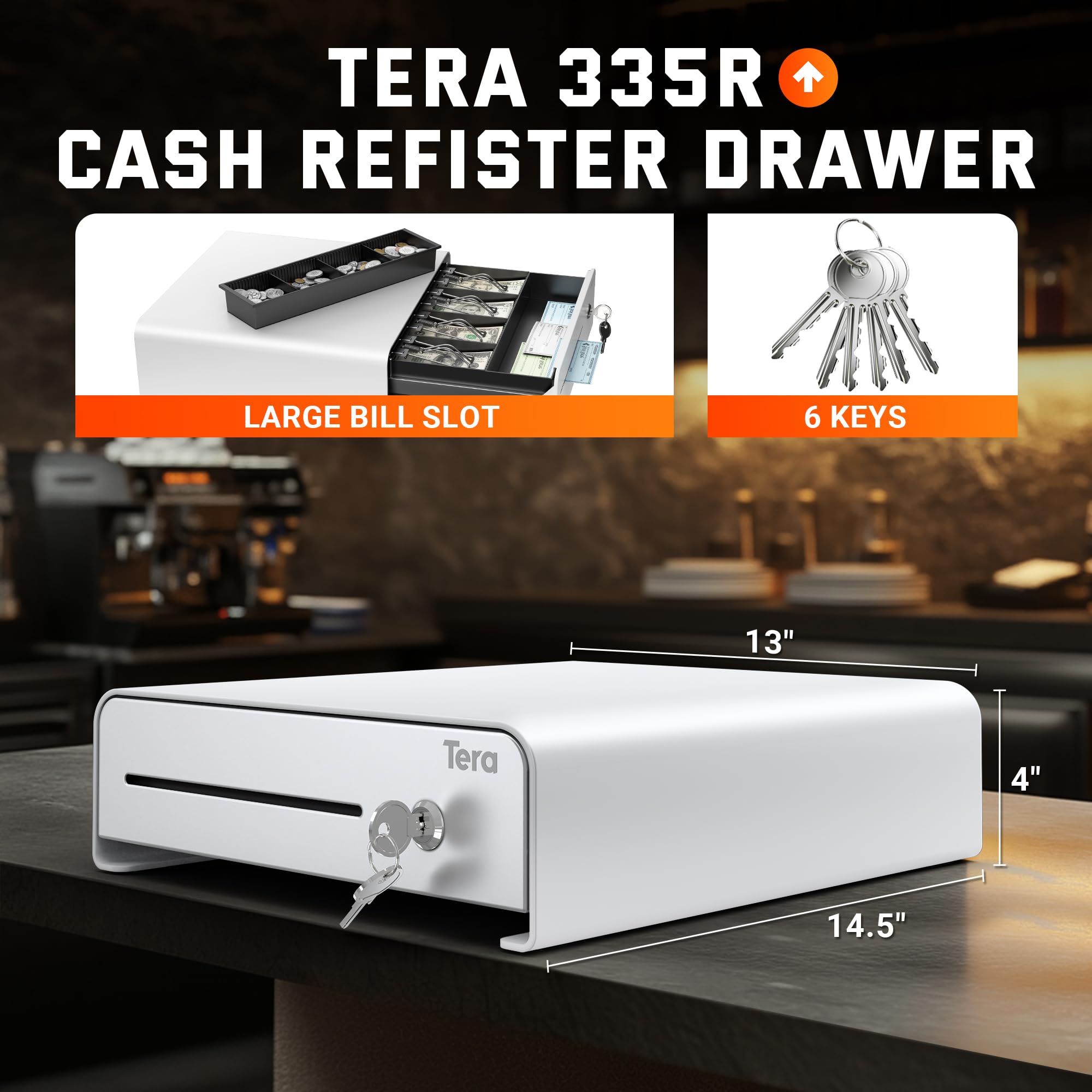 Tera Cassetto registratore di cassa da 33 cm: apertura automatica con 6 chiavi, resistente, vassoio per 4 banconote e 4 monete, slot per contanti rimovibile, 24 V, RJ12, con serratura a chiave, angolo