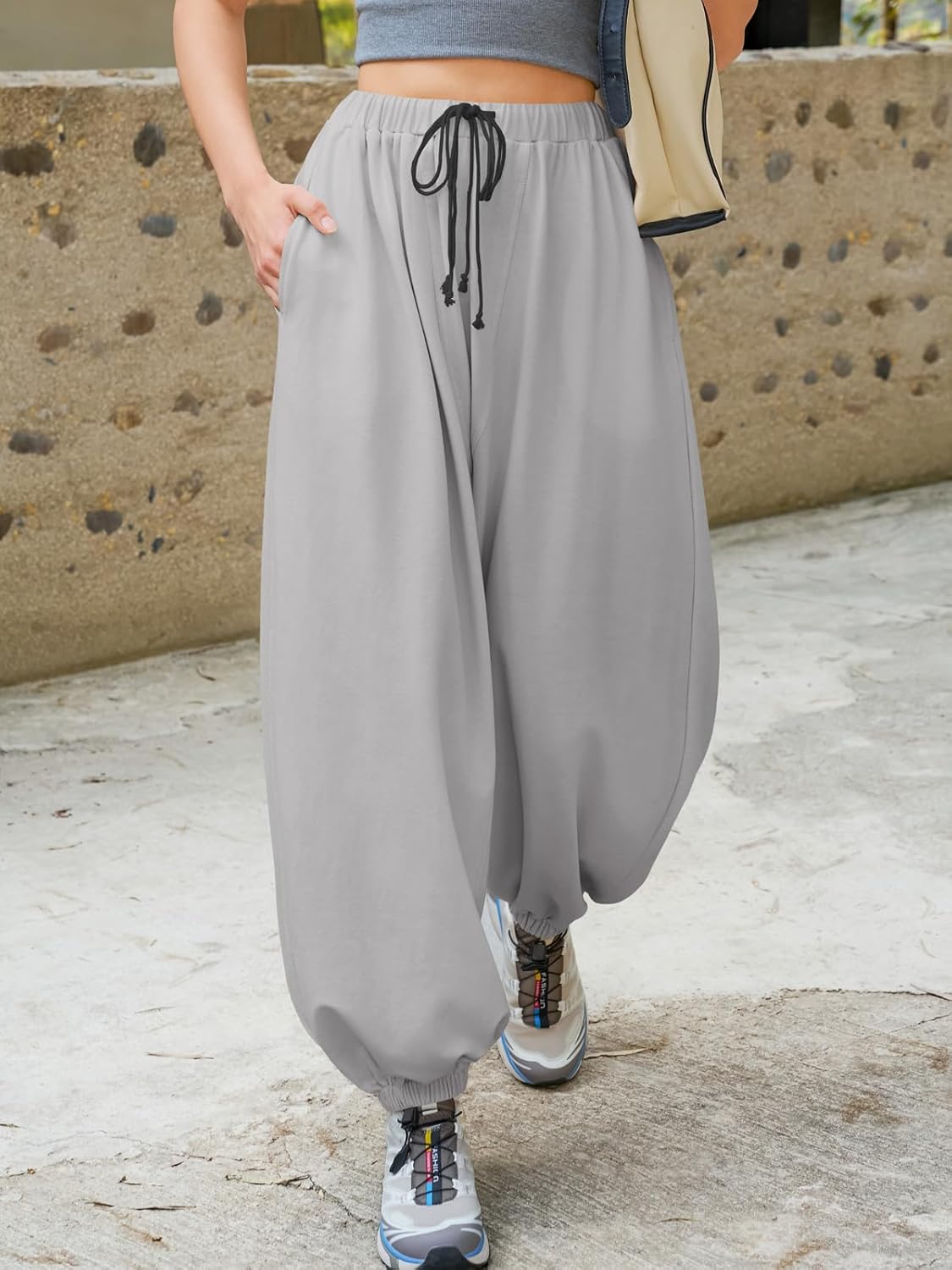 Fisoew Womens Baggy Harem Pants Casual Barrel Elastic Waist Drawstring Pleated Loose Workout Track Pants with Pockets - Image 2