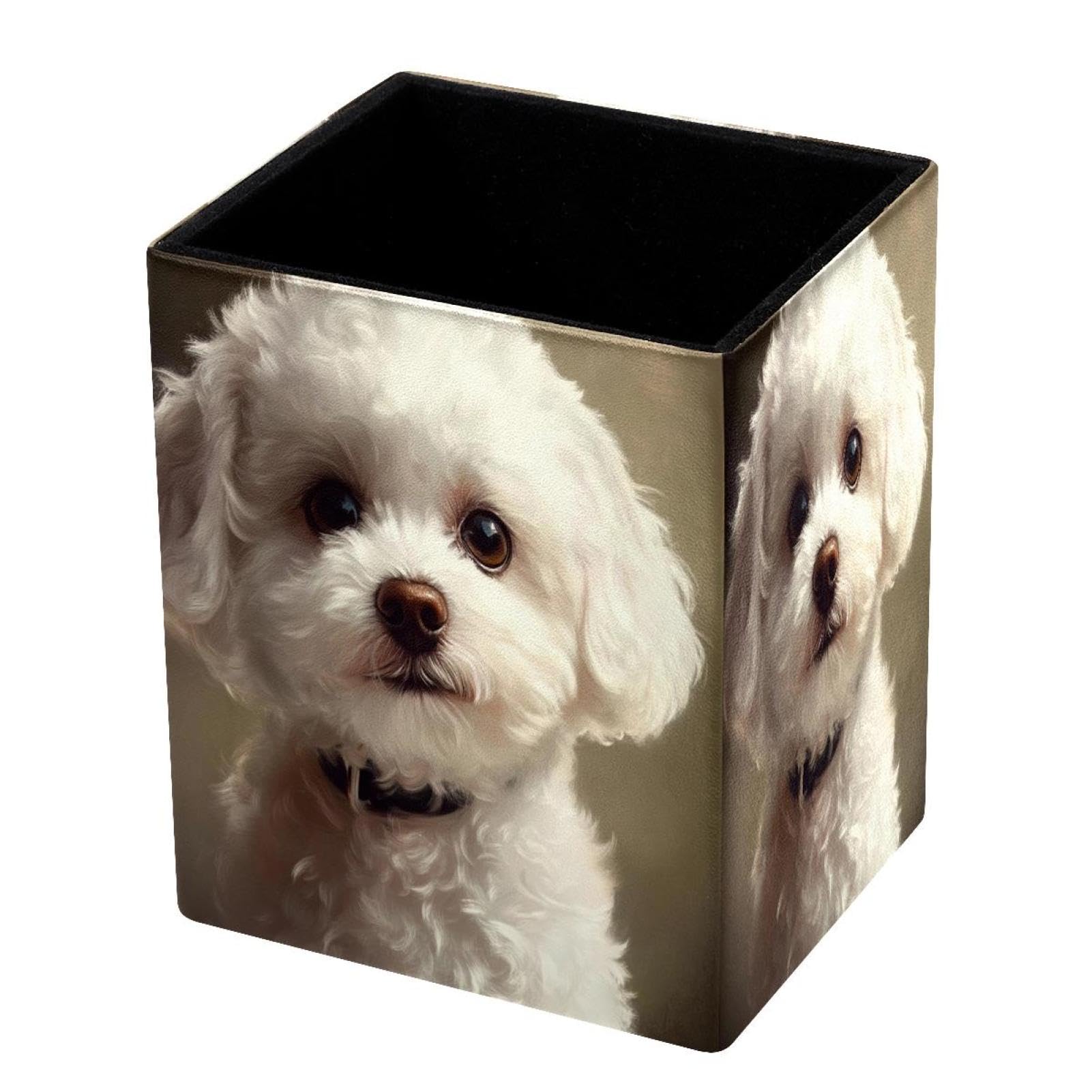 DragonBtu Desktop Pencil Holder, Cute Bichon Frise Rectangular Pencil Cup, Pencil Storage Bag Office Desk Supplies Case for School, Kids