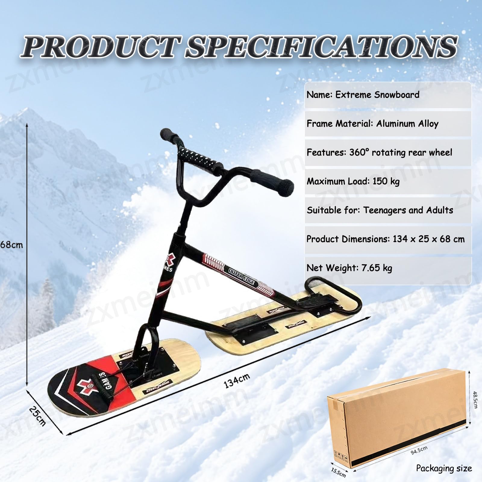 All-Terrain Erwachsene Snowboard mit 360 Lenkung & Dual-Ski, verstärkte Aluminiumlegierung für Winterabenteuer