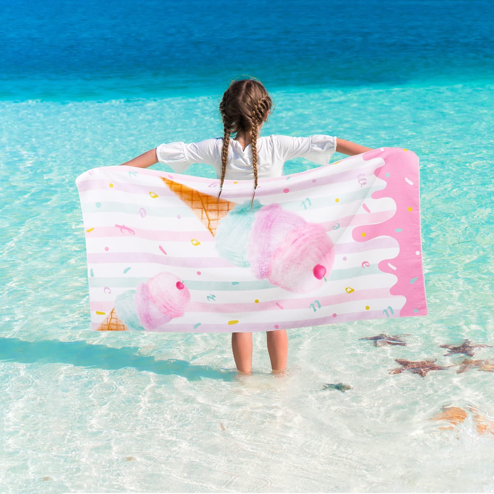 WERNNSAI Kids Beach Towel for Girls - 30” x 60” Ice Cream Sand Free Swim Towels for Girls Bath Pool Camping Travel Towel Quick Dry Ultra Absorbent