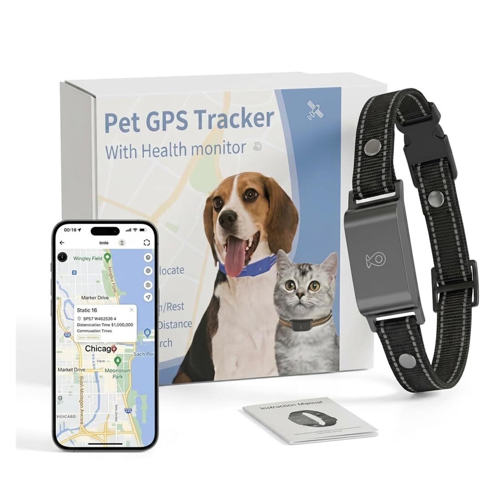 Collar rastreador GPS for Perros con Monitor de Salud: Seguimiento de ubicación en Tiempo Real, Collar for Perros y Gatos, Espera de 3 a 7 días, Carga magnética, Alternativa de tracción