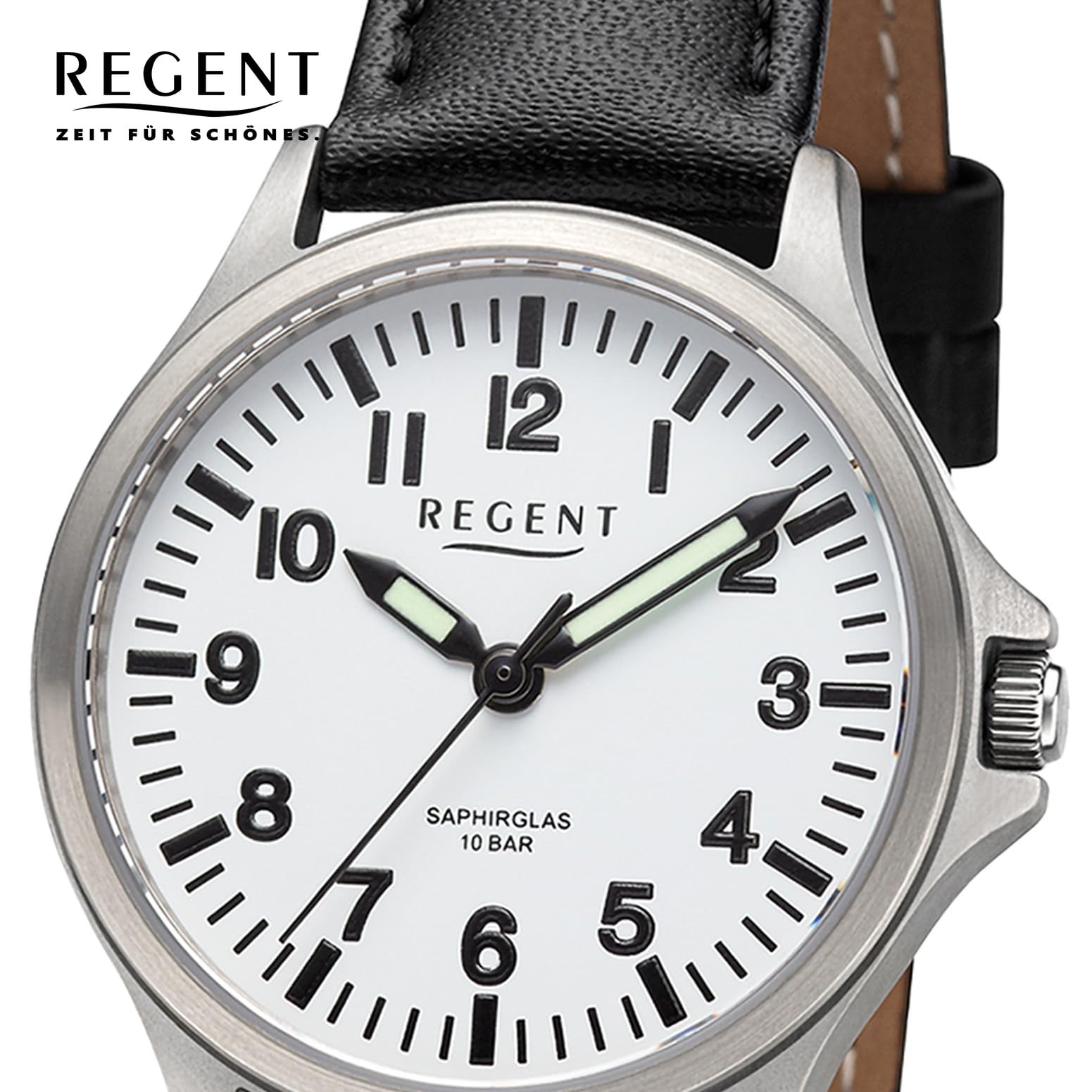 REGENT Orologio da donna unisex in titanio con cinturino in pelle, analogico, 10 ATM, vetro zaffiro 3287.90.19, Cinturino in pelle bianco