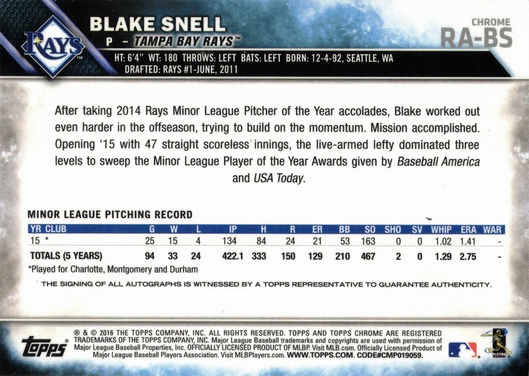 2016 Topps Chrome Baseball #RA-BS Blake Snell Certified Autograph Rookie Card