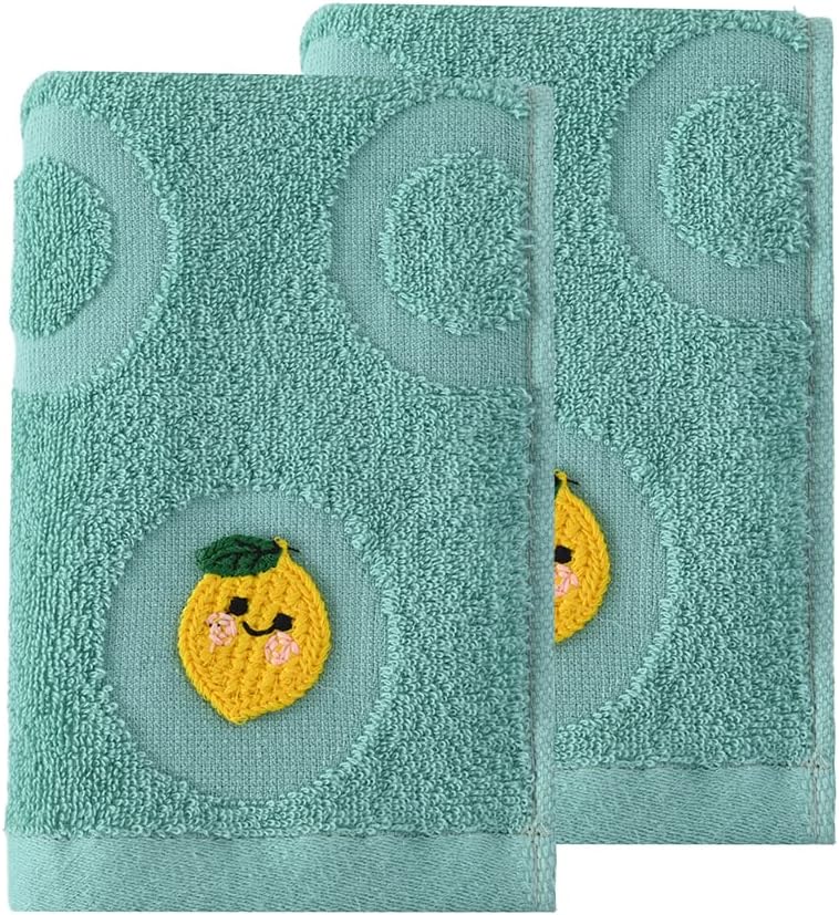 YiLUOMO Green Hand Towel Set of 2 Cute Lemon Embroidery Soft 100% Cotton Absorbent Hand Towels for Bathroom Spring Decorative 13 x 29 Inch - Image 3