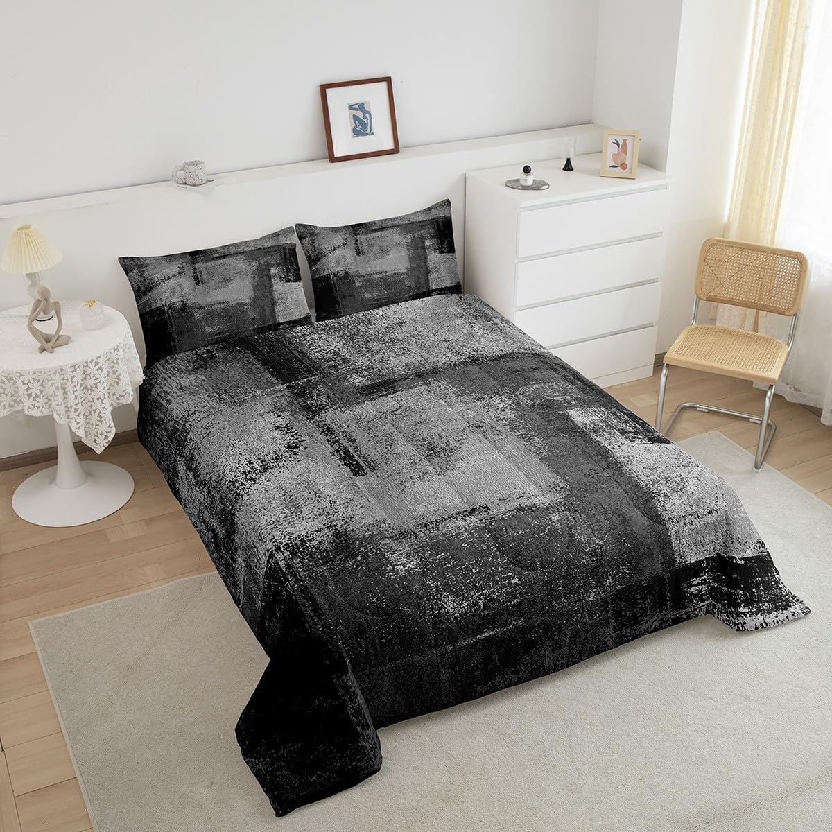 Black White Grey Comforter Set Queen Grunge Watercolor Ombre Bedding Set For Teen Boys Adults,Dark Gray Gradient Tie Dye Quilt Set Retro Abstract Oil Painting Duvet 2 Pillow Cases Bedroom Decor - Image 4