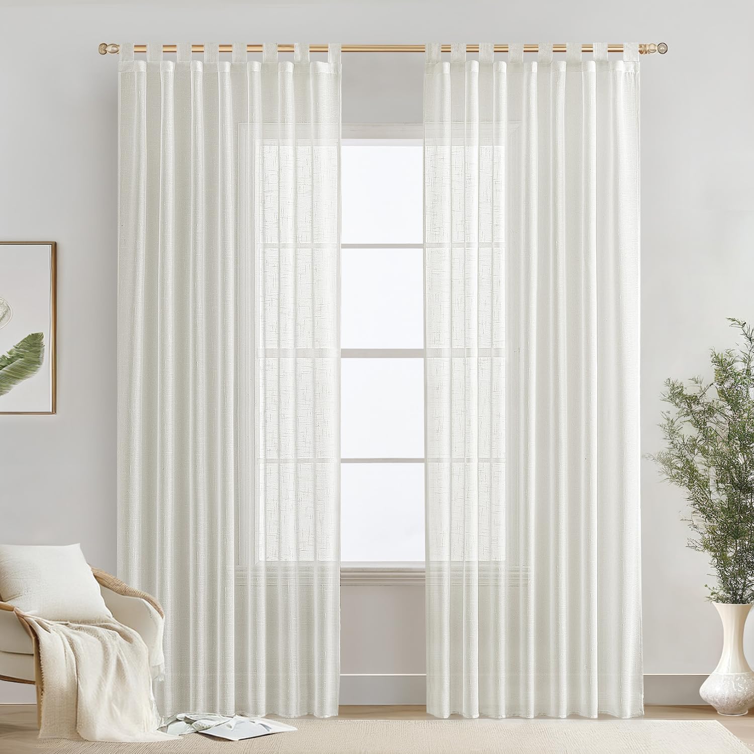 MIULEE 2 Pieces Sheer Curtains Linen Effect with Loops for Living Room, Window, Bedroom, 140 x 245 cm, White