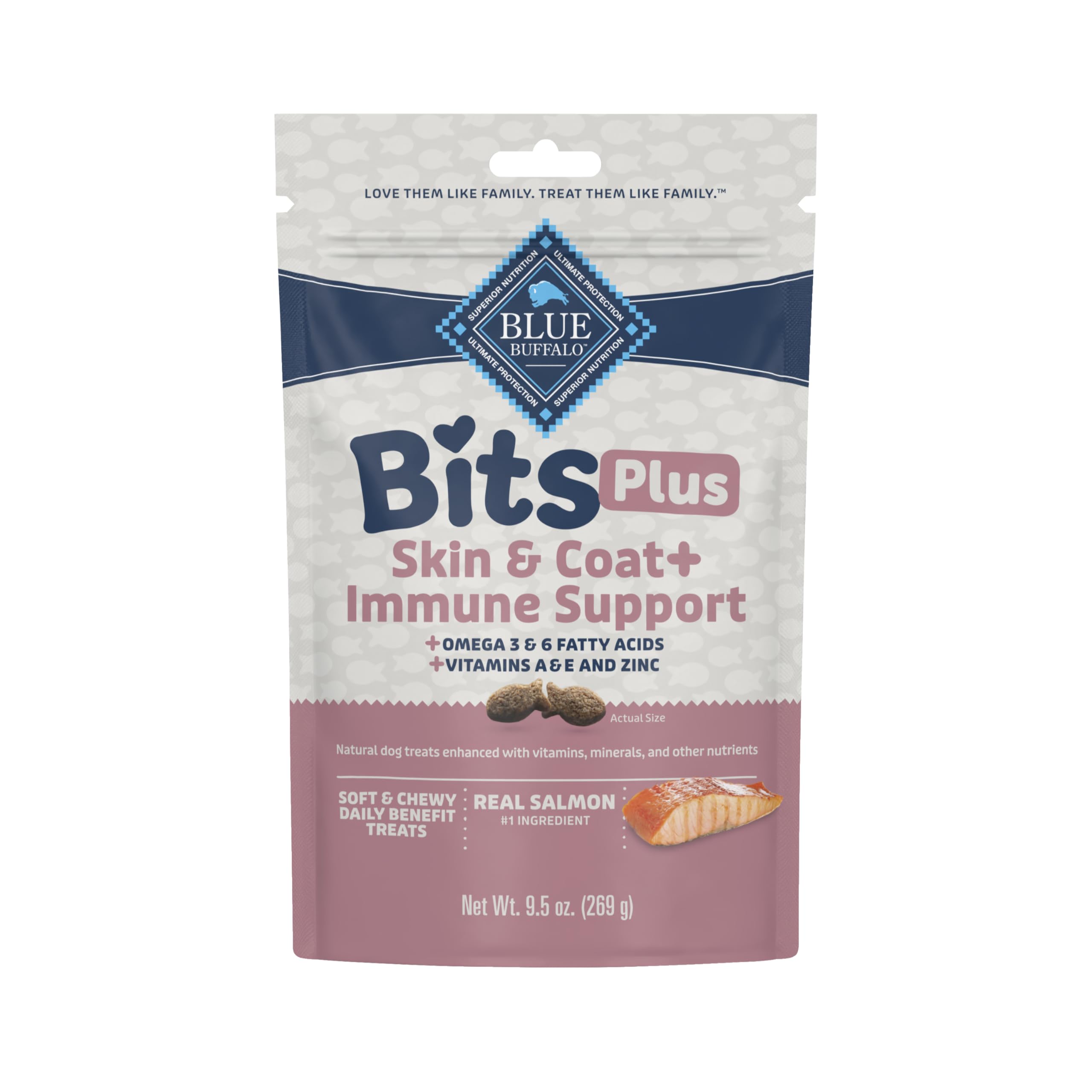 Blue Buffalo Blue Bits Plus Skin & Coat and Immune Support Daily Benefit Dog Treats, Soft & Chewy Salmon Morsels, 9.5-oz. Bag