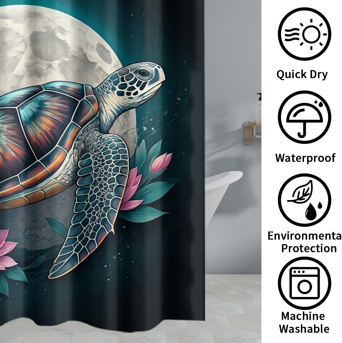 Watercolor Japanese Sea Turtle 4 Pcs Shower Curtain Sets,Rustic Underwater Animals Sea Turtles Full Moon Lotus Non-Slip Rugs,Toilet Lid Cover Bath Mat,Durable and Waterproof,for Bathroom