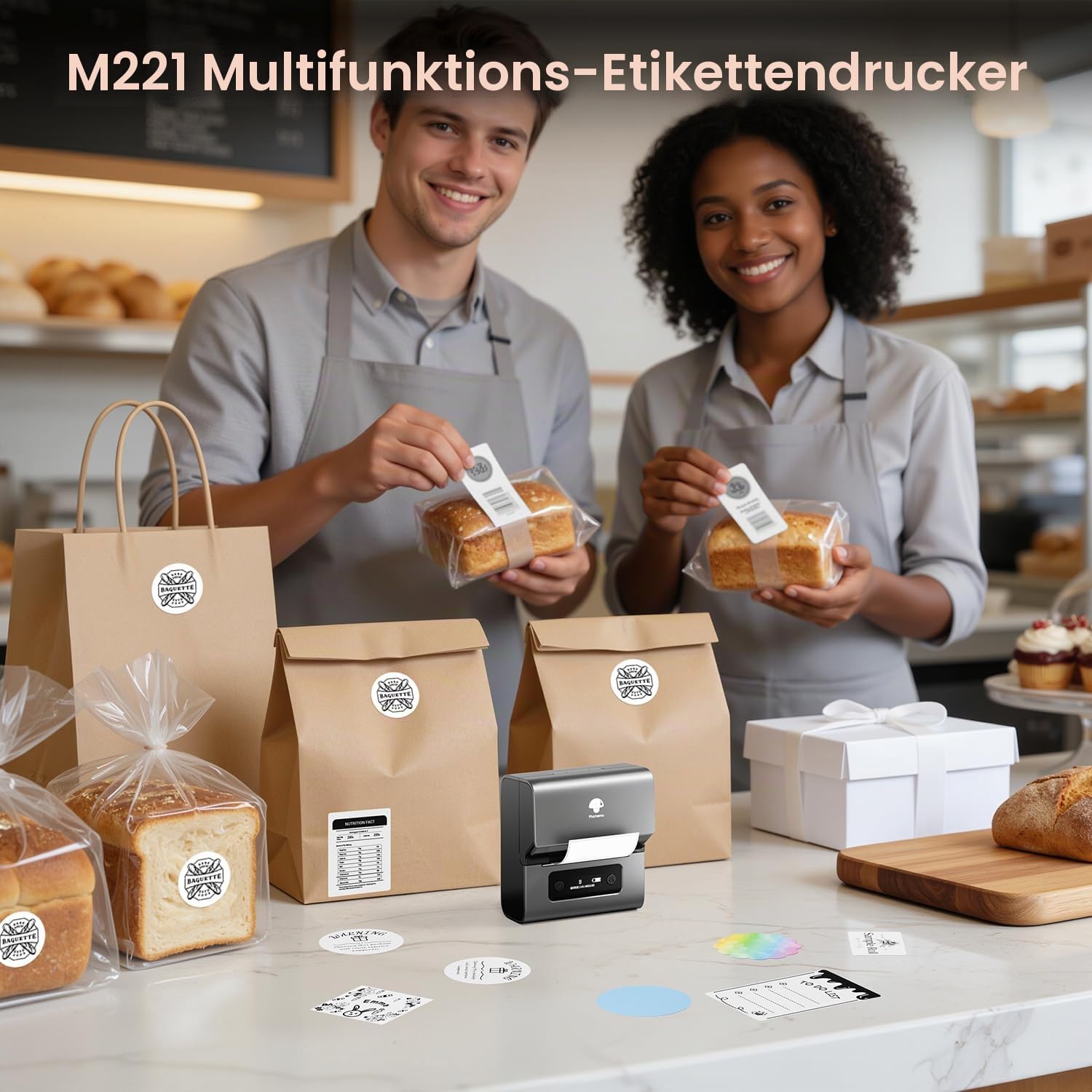 Phomemo M221 Etikettendrucker Bluetooth, Barcode Etikettendrucker, Beschriftungsgerät Unterstützung mit Phones&PC, Labeldrucker für Zuhause, Einzelhandel, QR-Code, Logos, Büro, Kleinunternehmen, Grau
