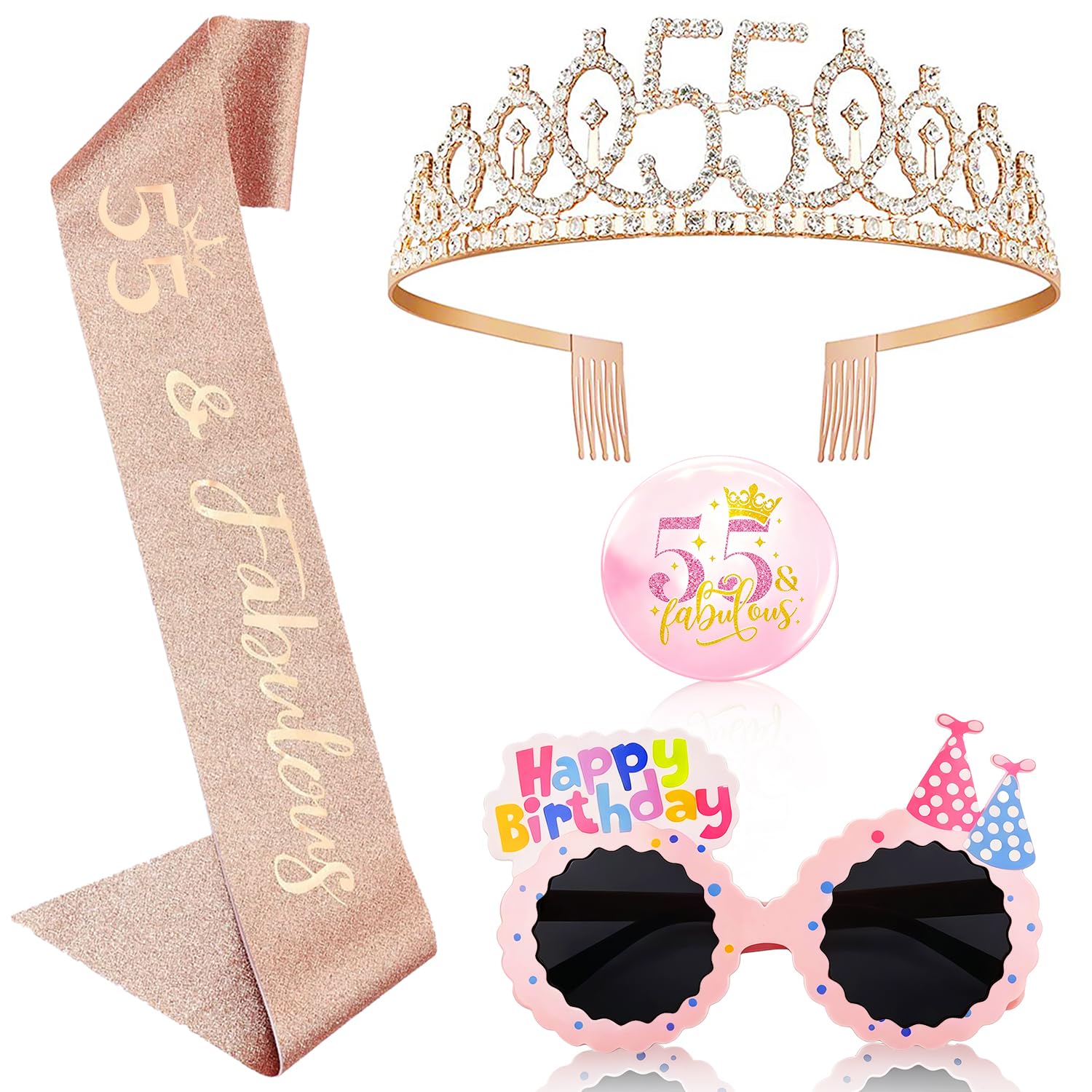 OLOSONG 55th Birthday Party Accessories Set - 4 Pcs Rose Gold Birthday Crown & Badge, Heart Shaped Pink Diamond Glasses, 55th Birthday Decorations Gifts for Women