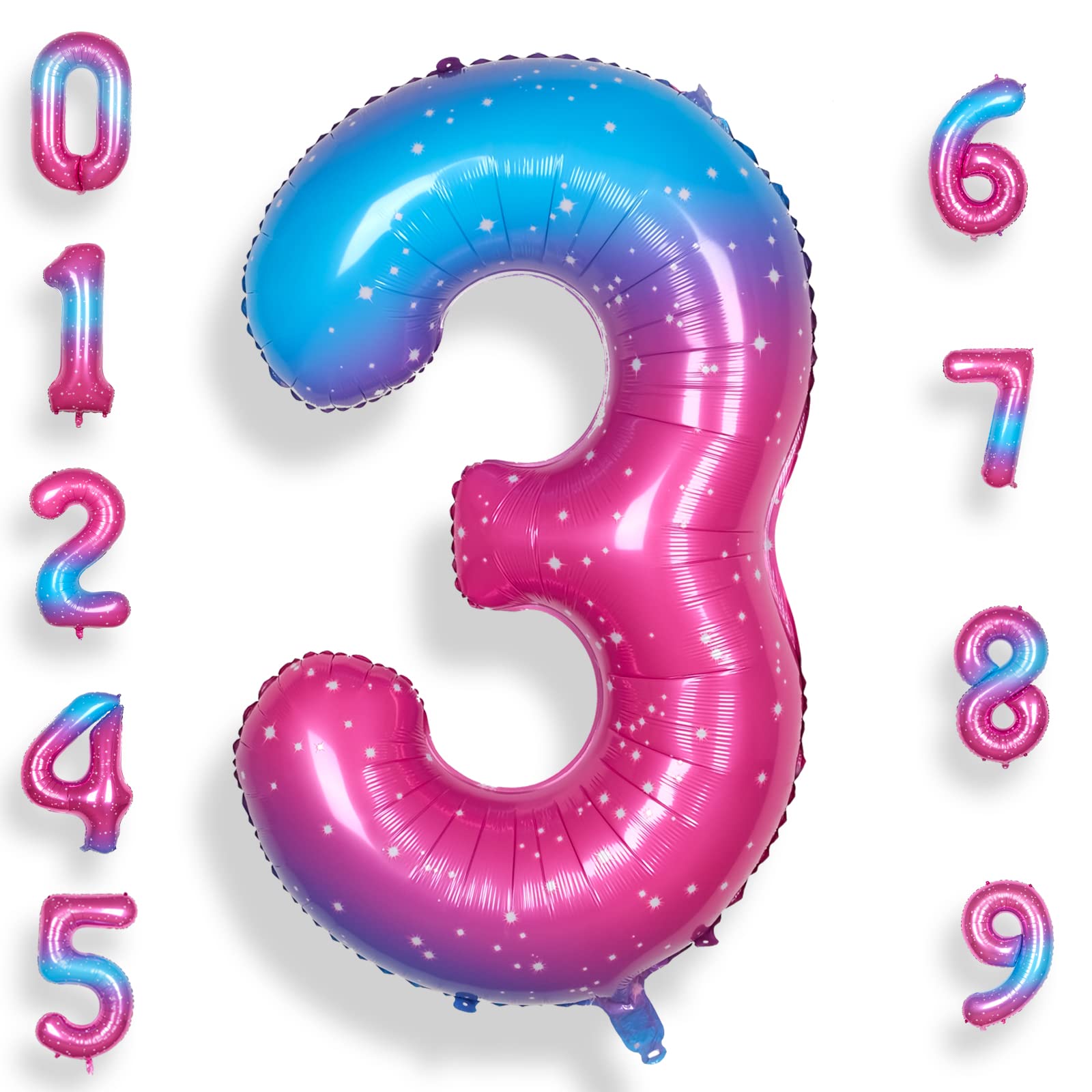 RainbowQ Party Number 3 Balloon 40 Inch for Boy or Girl Big Starry 0-9 Foil Mylar Large 3 Number Balloon Happy 3rd Birthday Party Anniversary