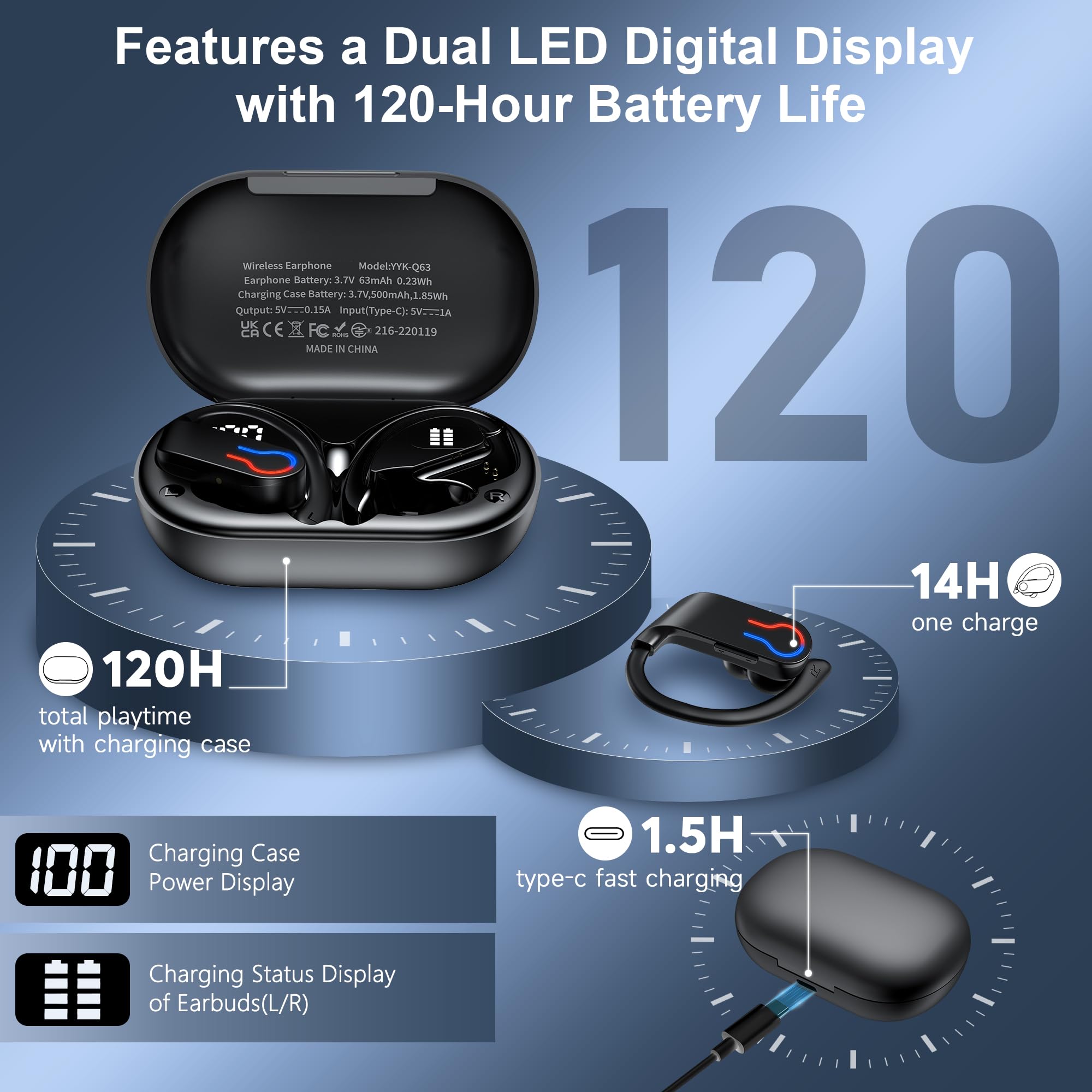 Kabellose Ohrhörer, 120 Stunden, Bluetooth 6.1, Sport, 2026 Bluetooth-Ohrhörer mit Schnellladehülle, Dual-LED-Display, Ohrhörer, ENC Geräuschunterdrückung, Mikrofon mit einfacher Tastensteuerung, IPX7