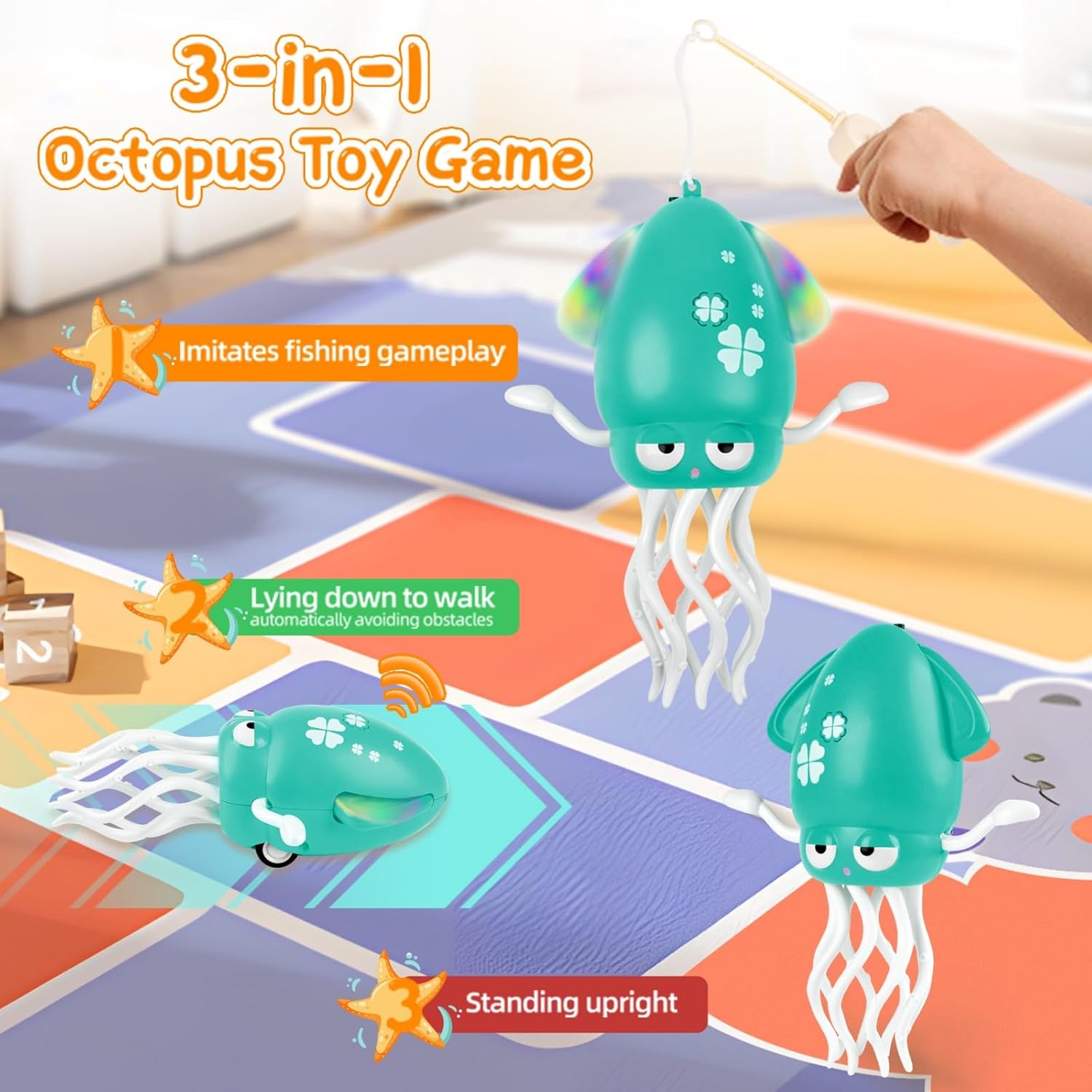 Baby Dancing Octopus Toy for 1 2 3 Year Old Boy Girl, Magical Musical Squid & Infant Tummy Time Toy, USB Rechargeable Crawling Baby Squid Toys for Walking Toddlers Interactive Gift (Green01)