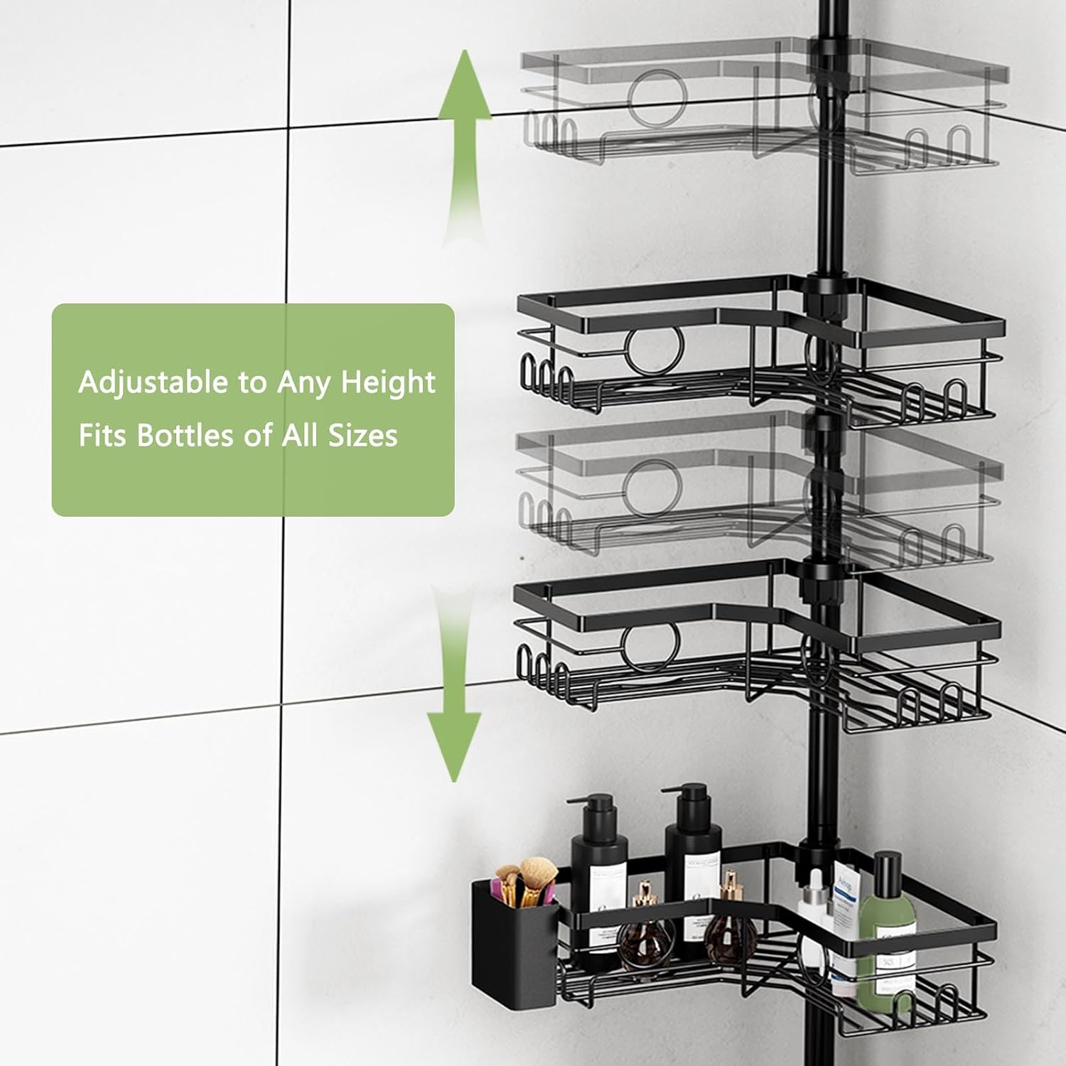 Corner Shower Caddy Tension Pole, 4 Tier Rustproof Shower Tension Rod Organizer with Soap Holder & Hooks, Adjustable 31-128 Inch No Drilling Bathroom Shelf for Inside Shower, Black