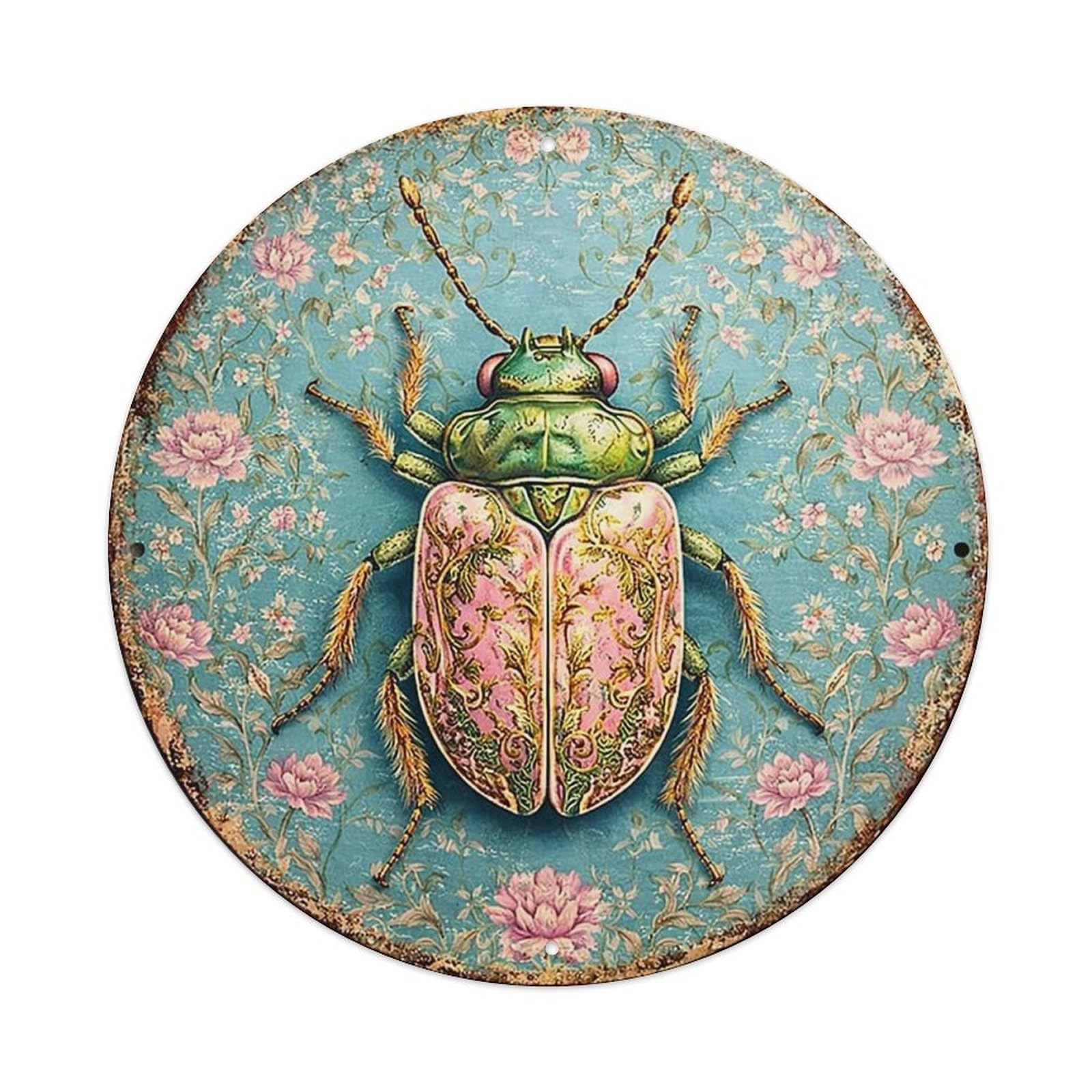 Floral Beetle Artwork Pattern Print Retro Metal Sign Round Tin Sign, Vintage Decor Art Poster for Bar, Home, Man Cave, Kitchen, Laundry Room Gift 8x8Inch