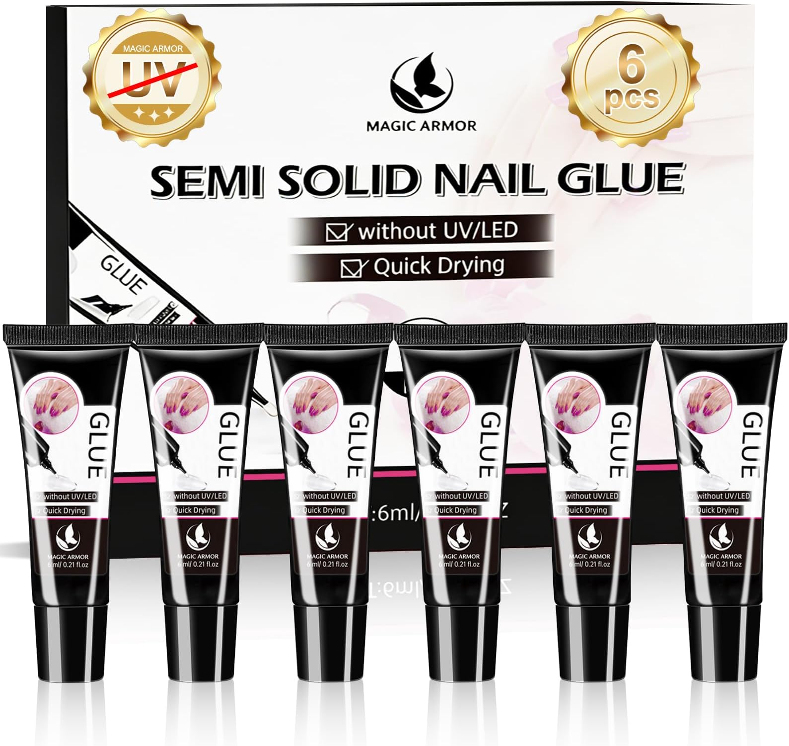 Nail Glue for Press On Nails 6ml x 6Pcs, Semi Solid Nail Glue No UV Light Needed Super Strong Glue Mini Tubes Quick Drying Gel Long Lasting for Fake Acrylic Nails