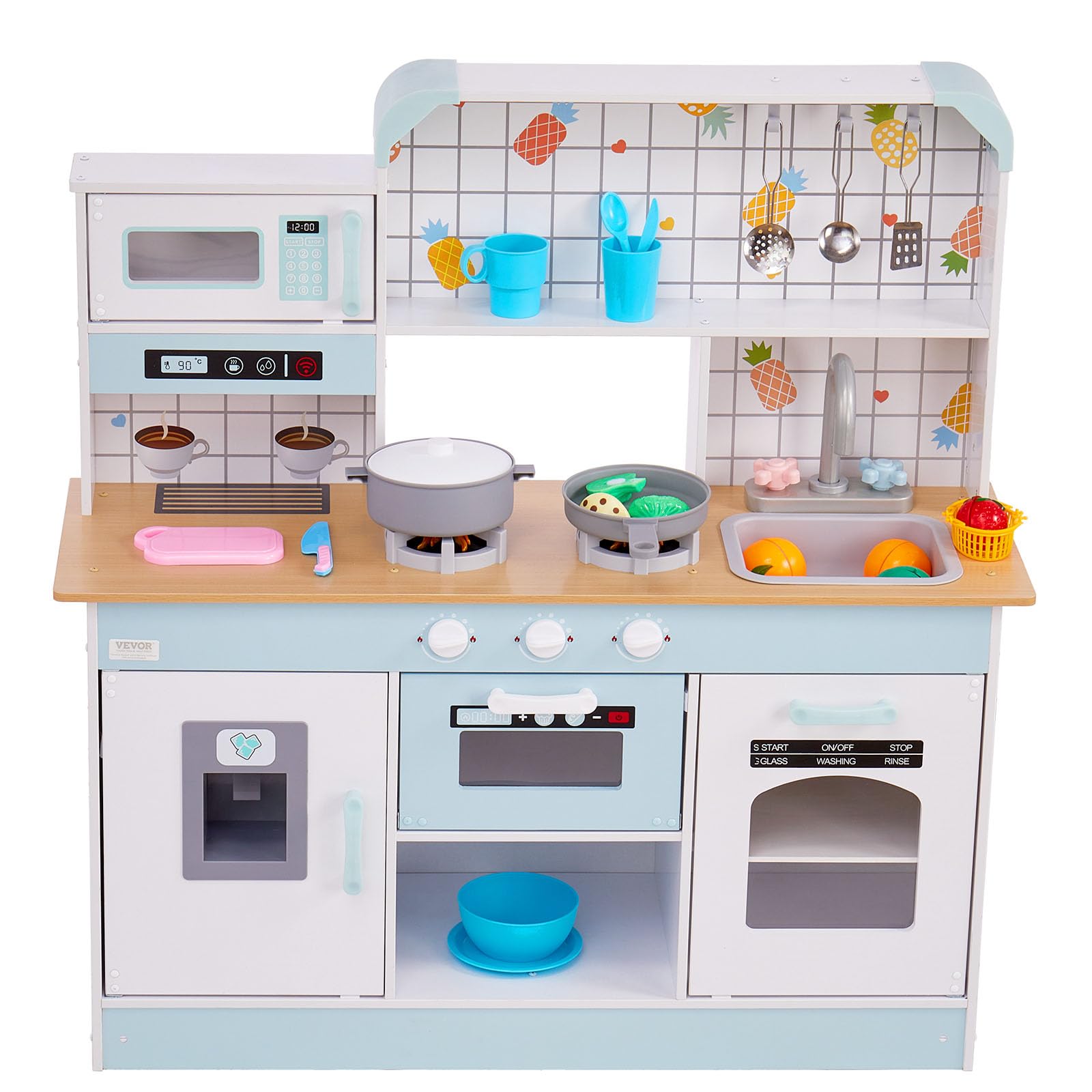 VEVOR Cuisine pour Enfants, Ensemble Cuisine pour Tout-petits en Bois avec Lumières, Son, Machine à Glaçons, Four, Évier, Micro-ondes, Réfrigérateur, Ustensile, Accessoire, pour Enfants 3-8 ans, Blanc