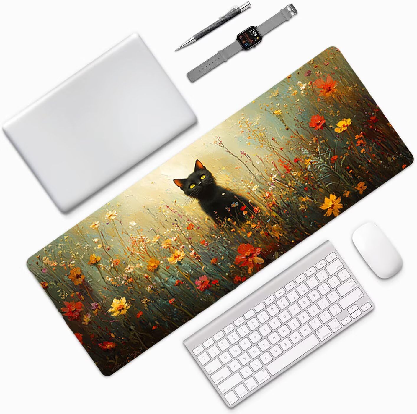Lpfieonn Blume Großes Schreibtischunterlage, XXL Schreibtischunterlagen, Katze XXL Wasserdicht Gaming Mousepad mit Vernähter Rand und Rutschfeste Gummibasis, für Laptop/Hause/Büro 120x60cm PF-2077