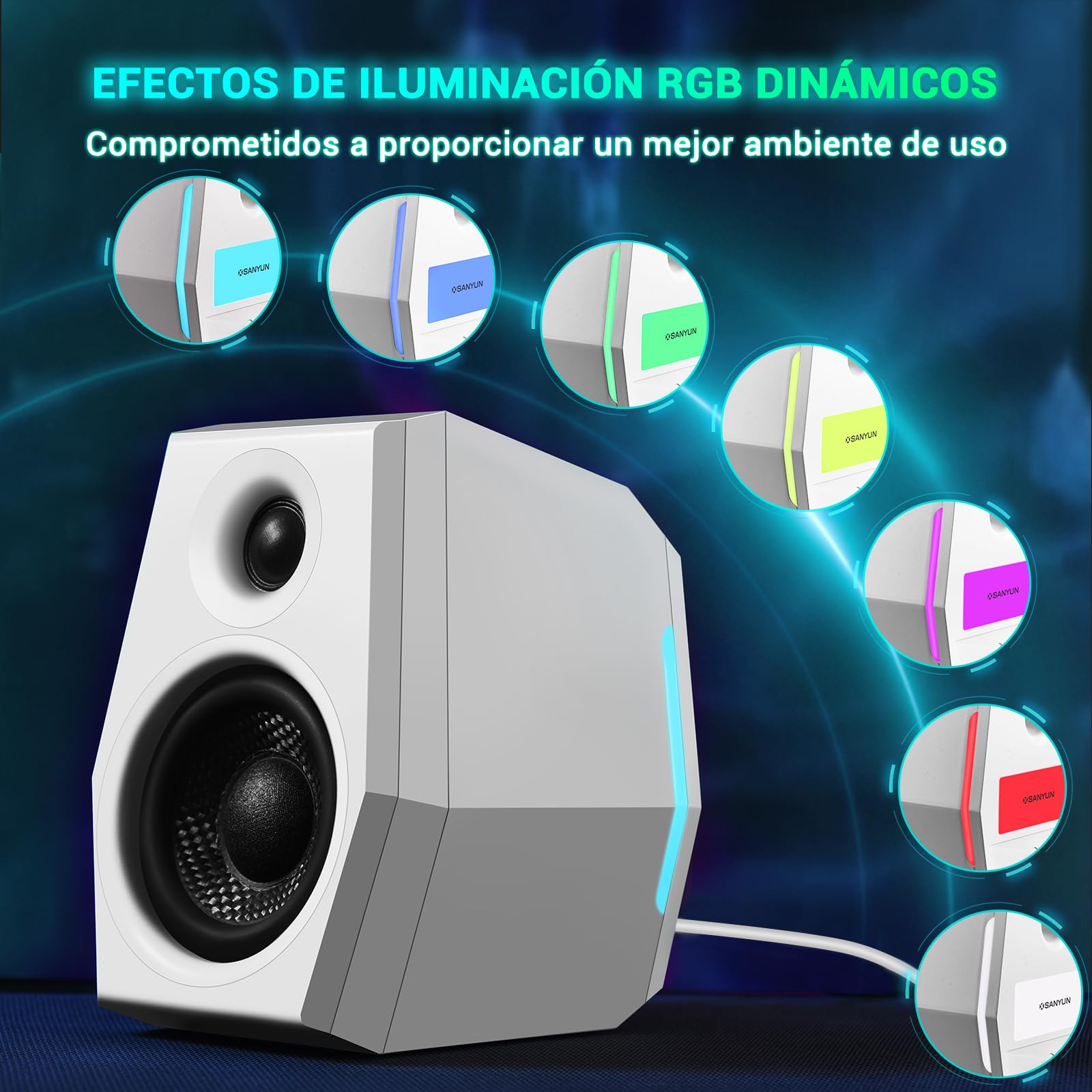 Sanyun SW209 Altavoces Gaming 2.0 36 W, Audio Táctico 3 Modos DSP | Gaming/Cine/Música, DAC 24 bits, USB-C/Bluetooth 5.2/AUX, Driver Fibra Vidrio 7cm + Cúpula Seda 18mm, RGB (Pareja, Blanco)