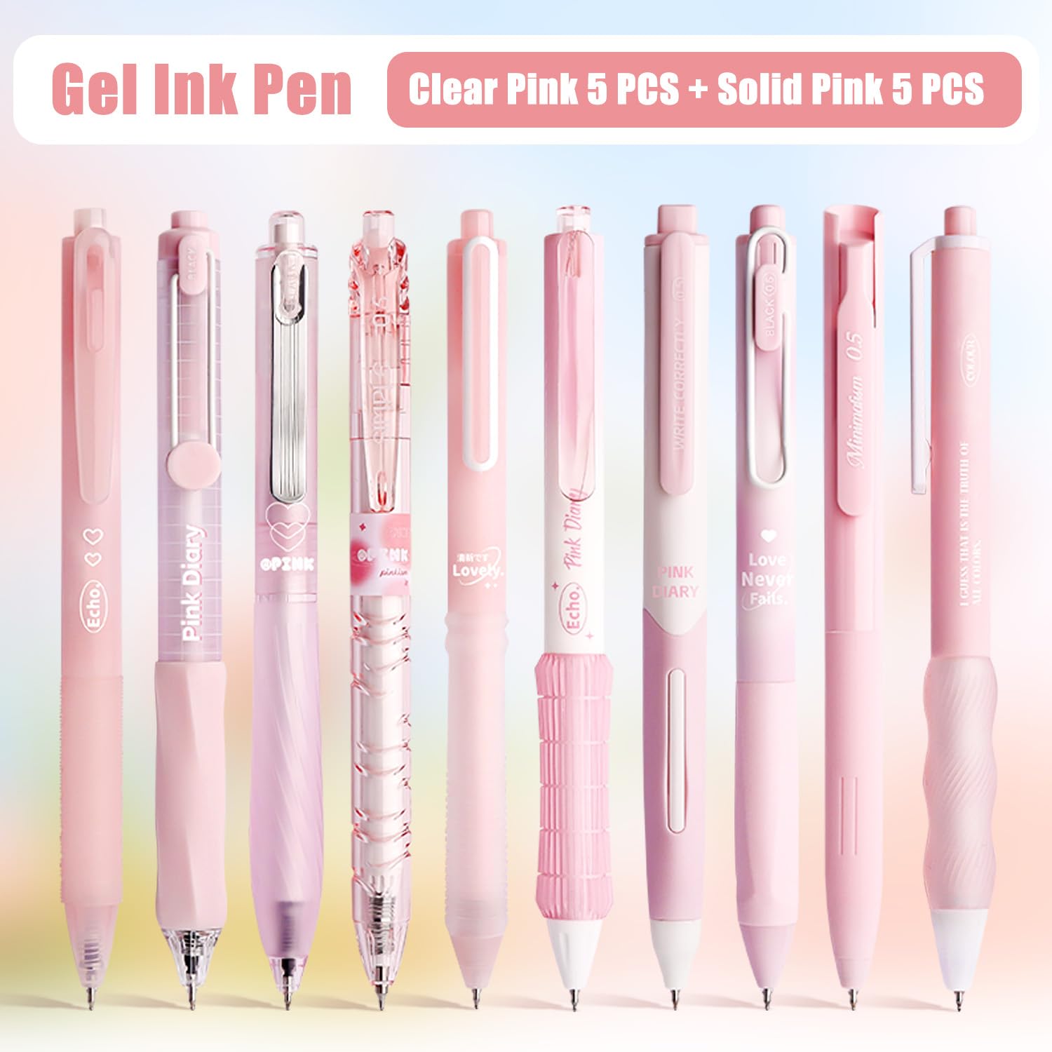 Pastell-Gelschreiber-Set, niedliche Notizen, 0,5 mm feine Spitze, einziehbar, 10 Stück, schwarze Tinte, für Schreiben, Tagebuch, Schule, Büro, 10 Stück (Rosa)