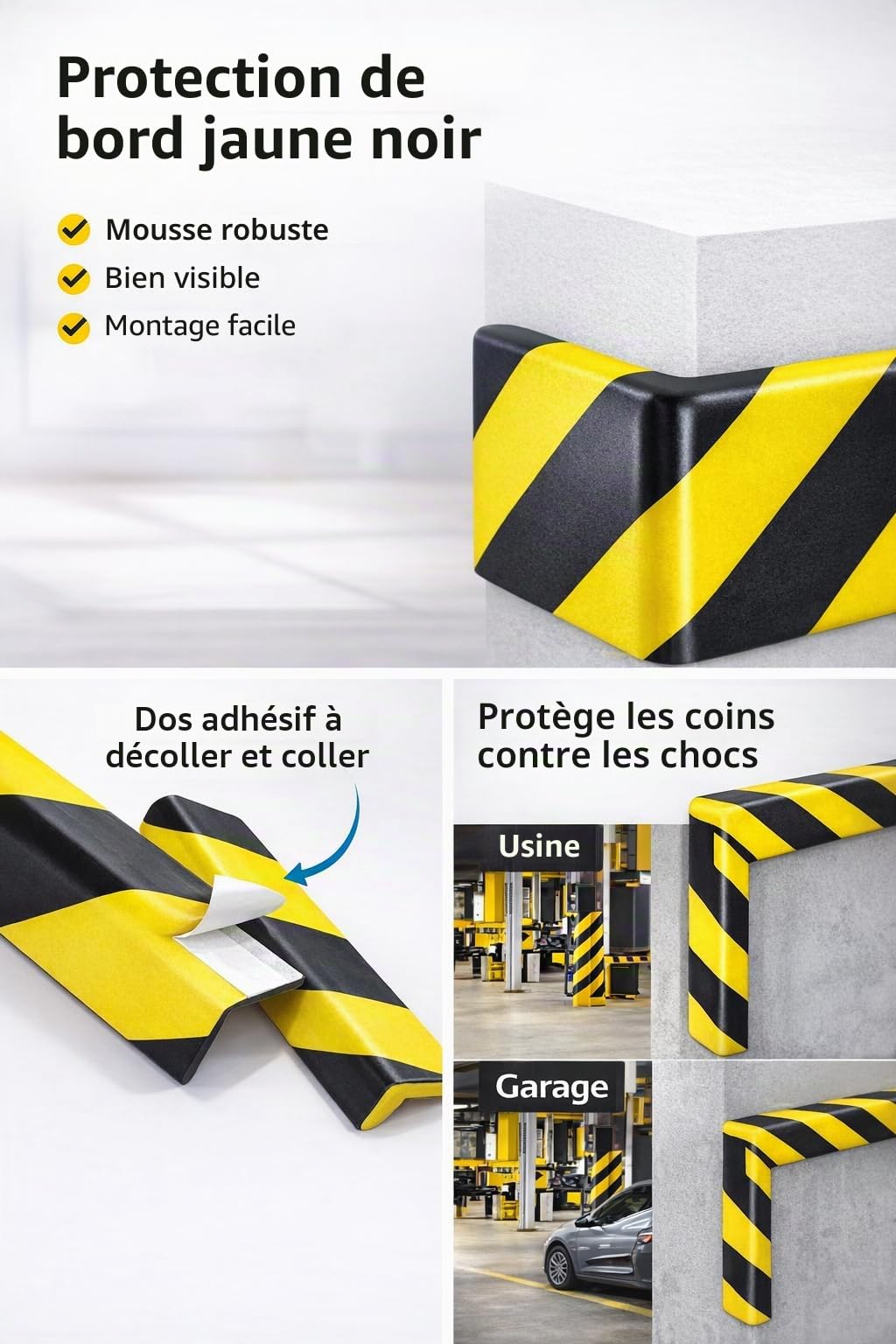 Protection des bords autocollante en polyuréthane - 100 x 4 x 4 cm - Profilé de protection des coins jaune/noir - Protection murale et d'angle - Protection contre les démarrages pour garage, entrepôt