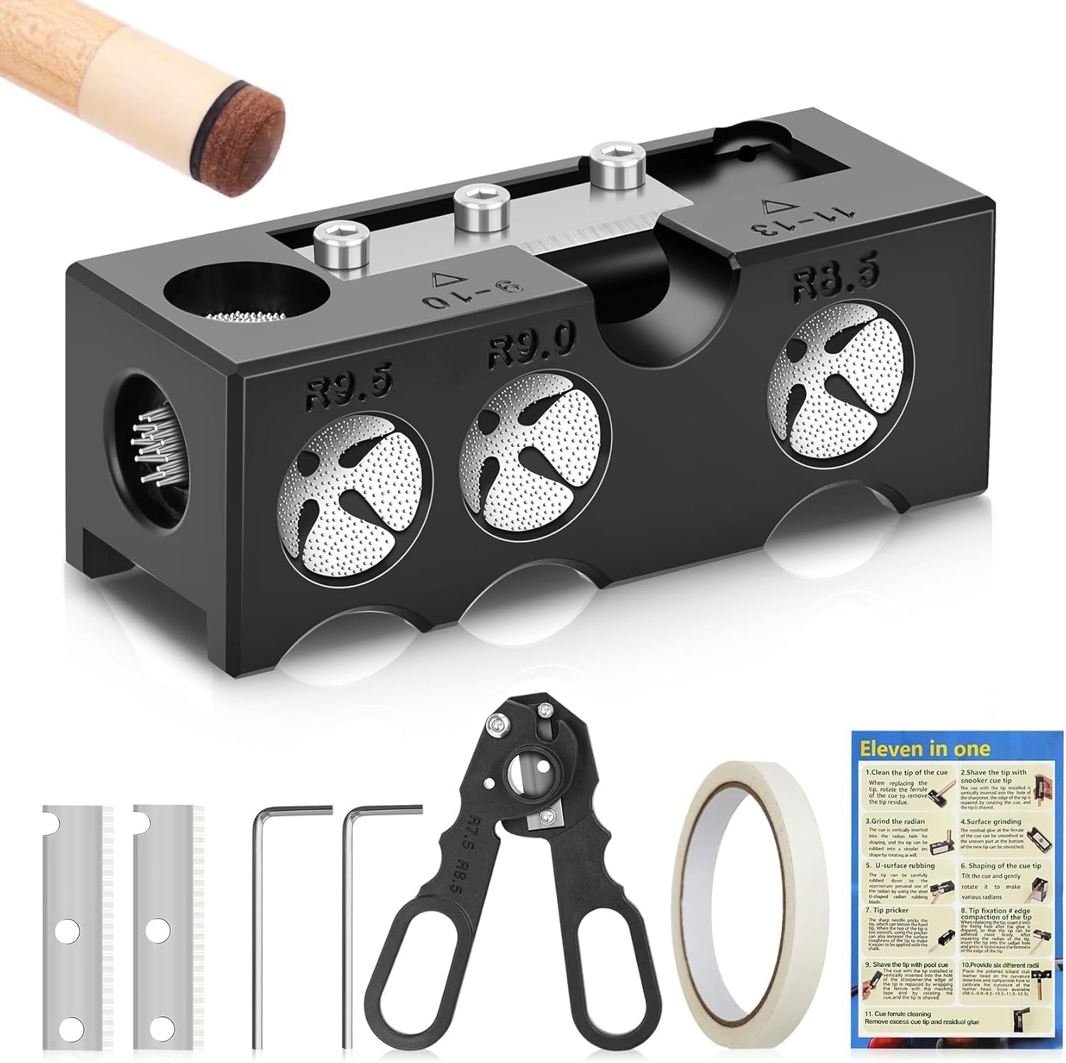 10-in-1 Billiards Pool Cue Tip Shaper, Pool Cue Tips Replacement Kit, Pool Cue Shaper, Pool Cue Tip Tool, Pool Cue Tips Repair Tool for Replacement and Shaping Cue Tips (10-in-1)